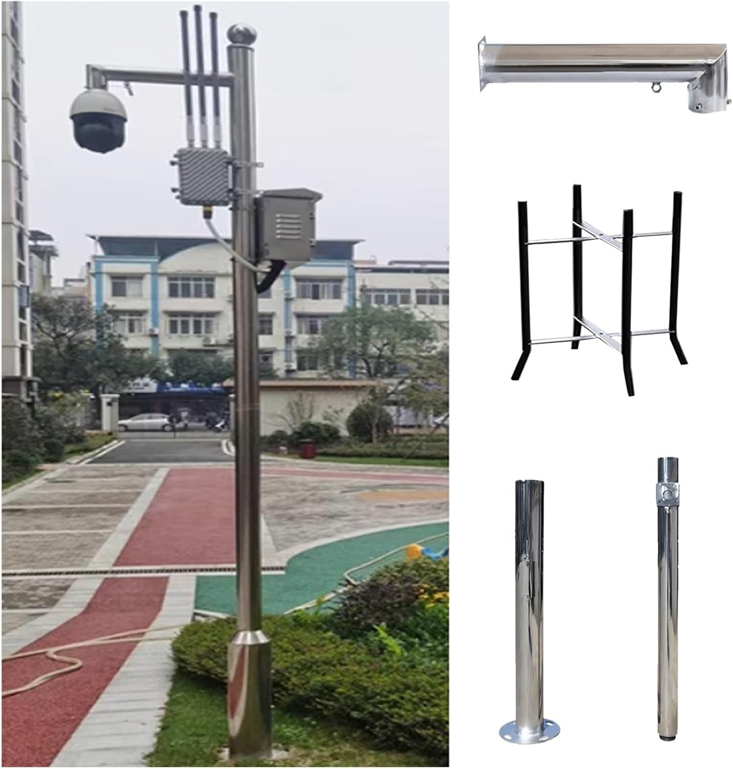 19.7ft Security Camera Pole for Outdoor Surveillance, Universal Camera Post Stand for Commercial & Residential Use, 3-Section Light Coffee, 11.5ft Height