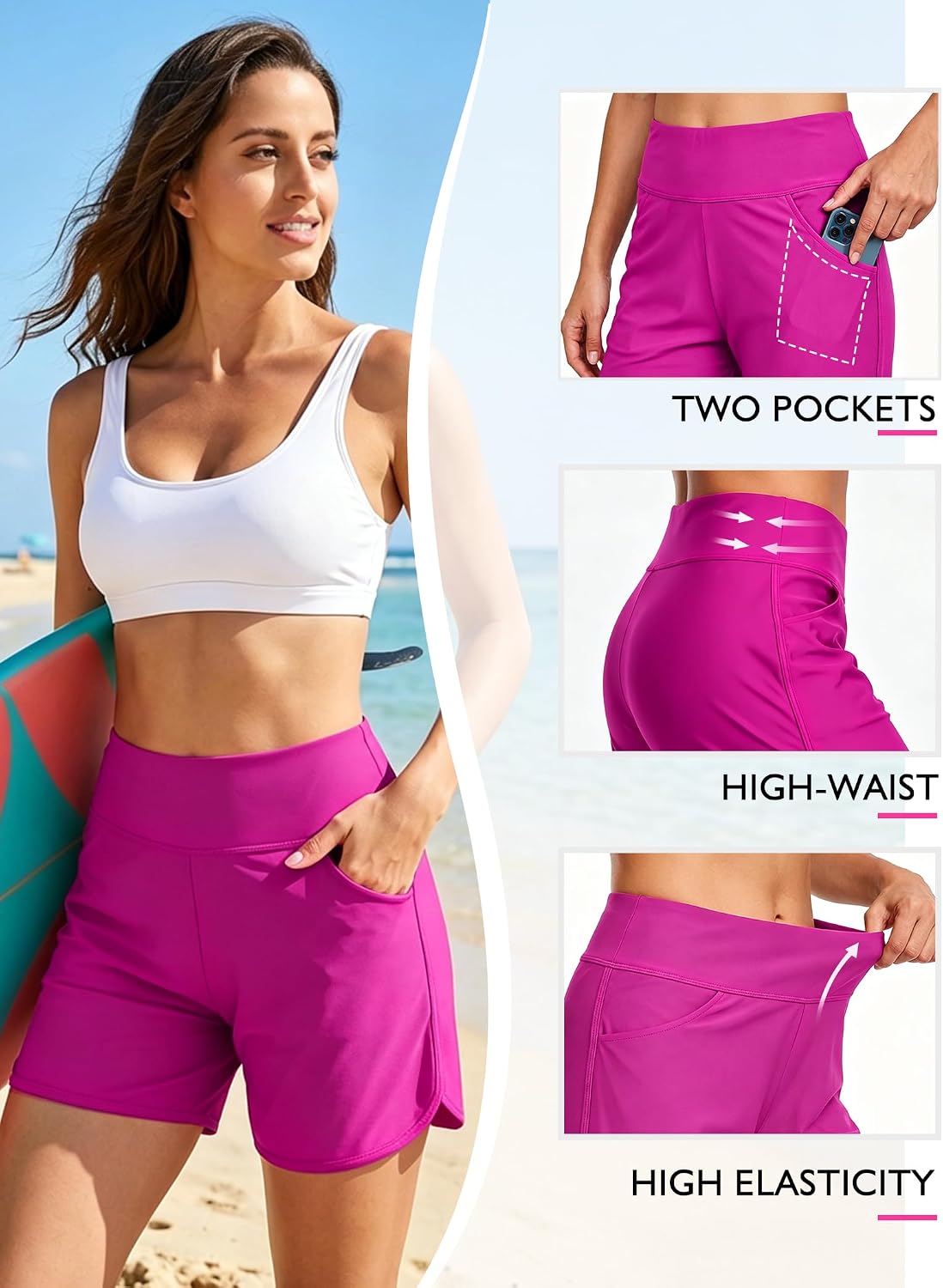 Women's 5" Swim Board Shorts Quick Dry High Waisted Swimsuits with Liner Pockets UPF 50+ Bathing Suits Bottoms Trunks Tummy Control Pink 2XL