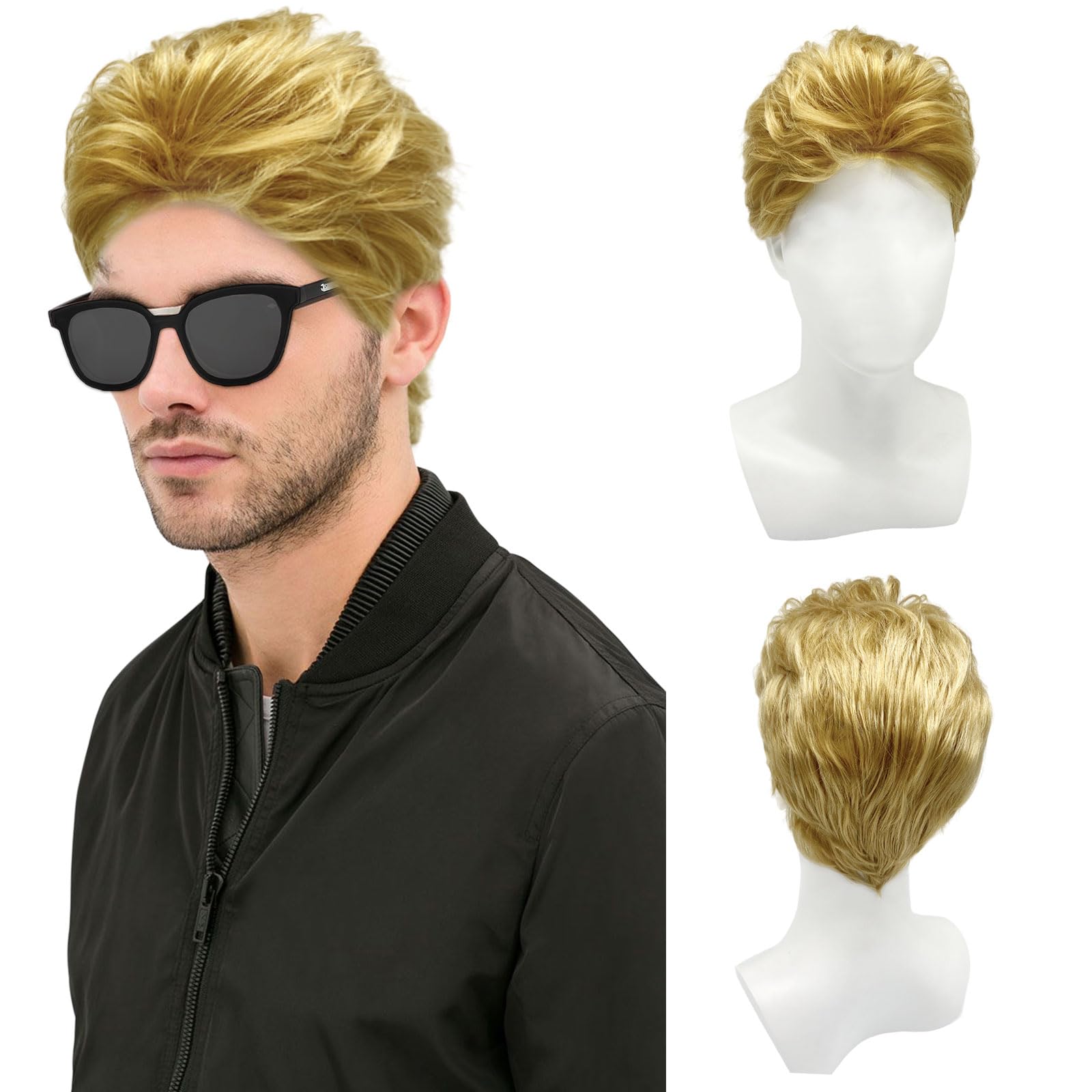 Mens Short Wig Blonde Layered Natural Handsome Wavy Hair Wig 80s Disco Short Curly Fluffy Cosplay, Men's Daily Use Costume Fancy Dress Rocking Dude Men's Costume (Blonde)