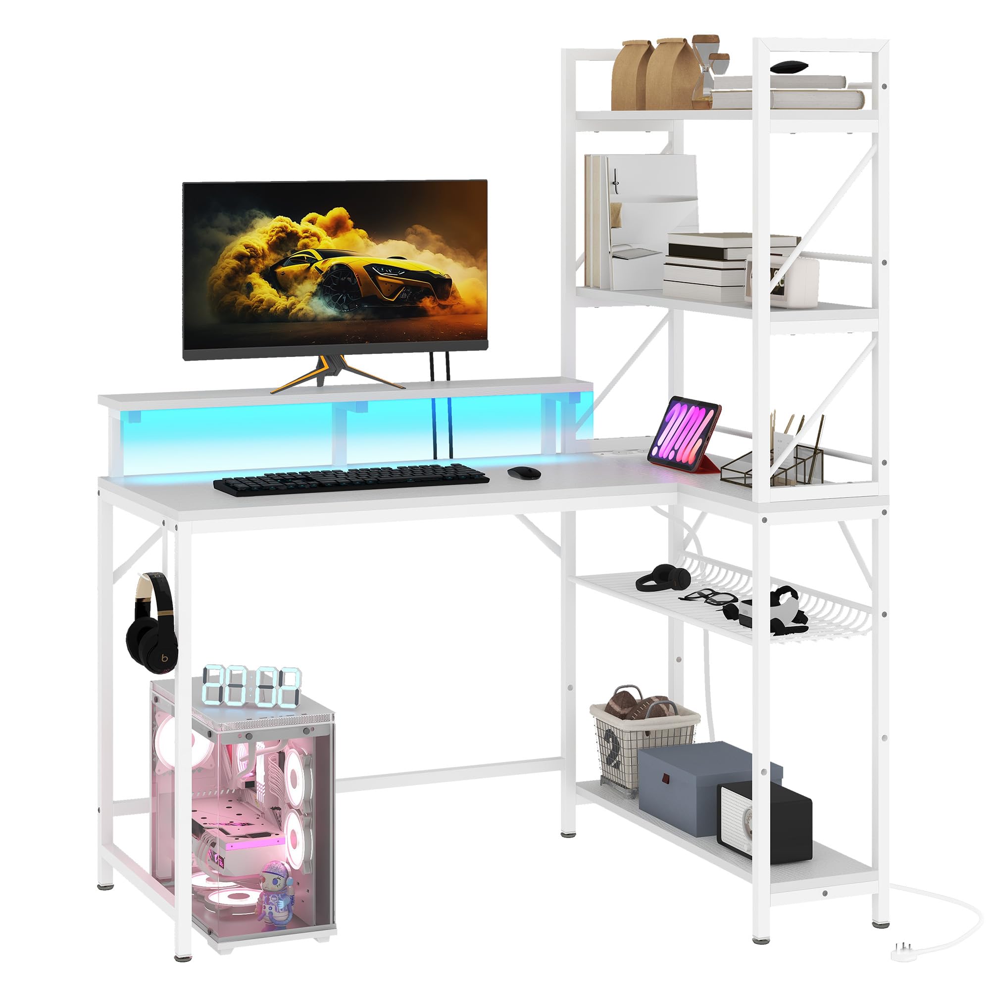 YITAHOME L Shaped Gaming Desk with Power Outlets & LED Lights Corner Desk with Shelves 106CM Reversible Computer Desk with Storage Shelves Gaming Desk with Hooks for Home Office Small Space (White) — image 1