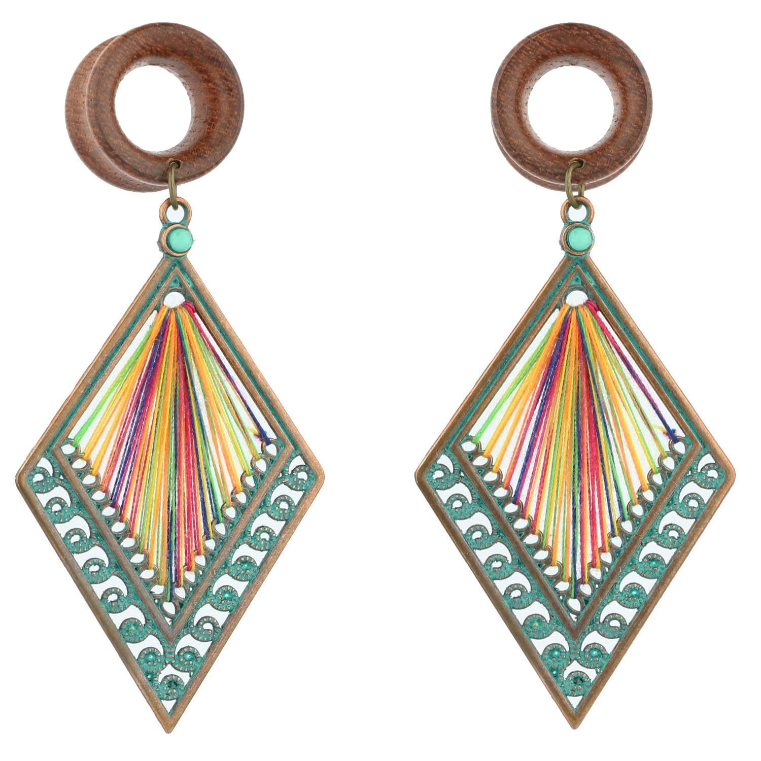 Balala 8mm-22mm Verdigris Antique Brass Rhombus Dangle Wood Ear Gauges Piercing Flesh Tunnels Plugs Statement Earrings