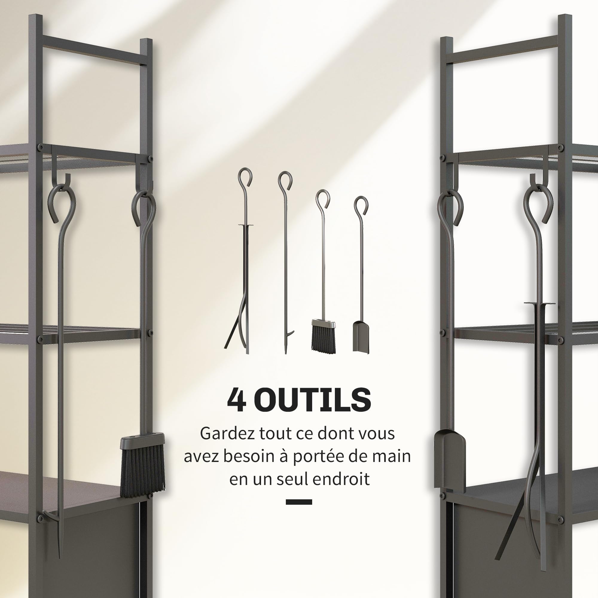 Outsunny Chariot range bûches intérieur, roulettes, métal 45x30x118cm Noir