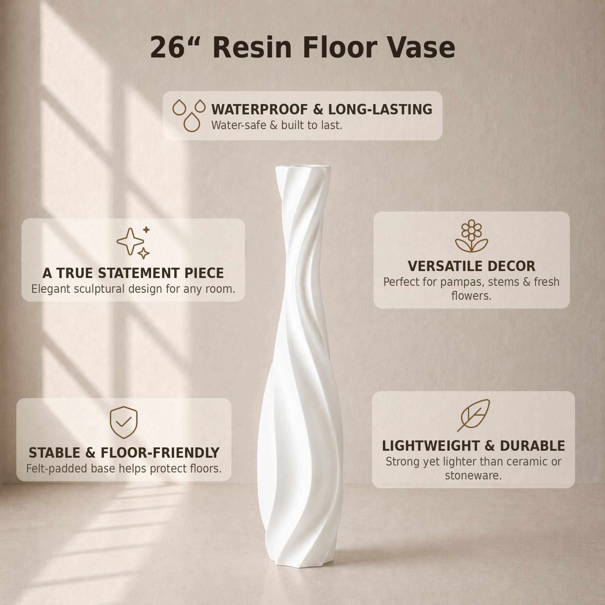 Leewadee Grande Vaso da Terra 65 cm Poliresina per Pampas & Fiori Secchi | Vaso deco per il soggiorno: impermeabile per fiori freschi, ideale per Pampas & rami, effetto ceramica ma più resistente
