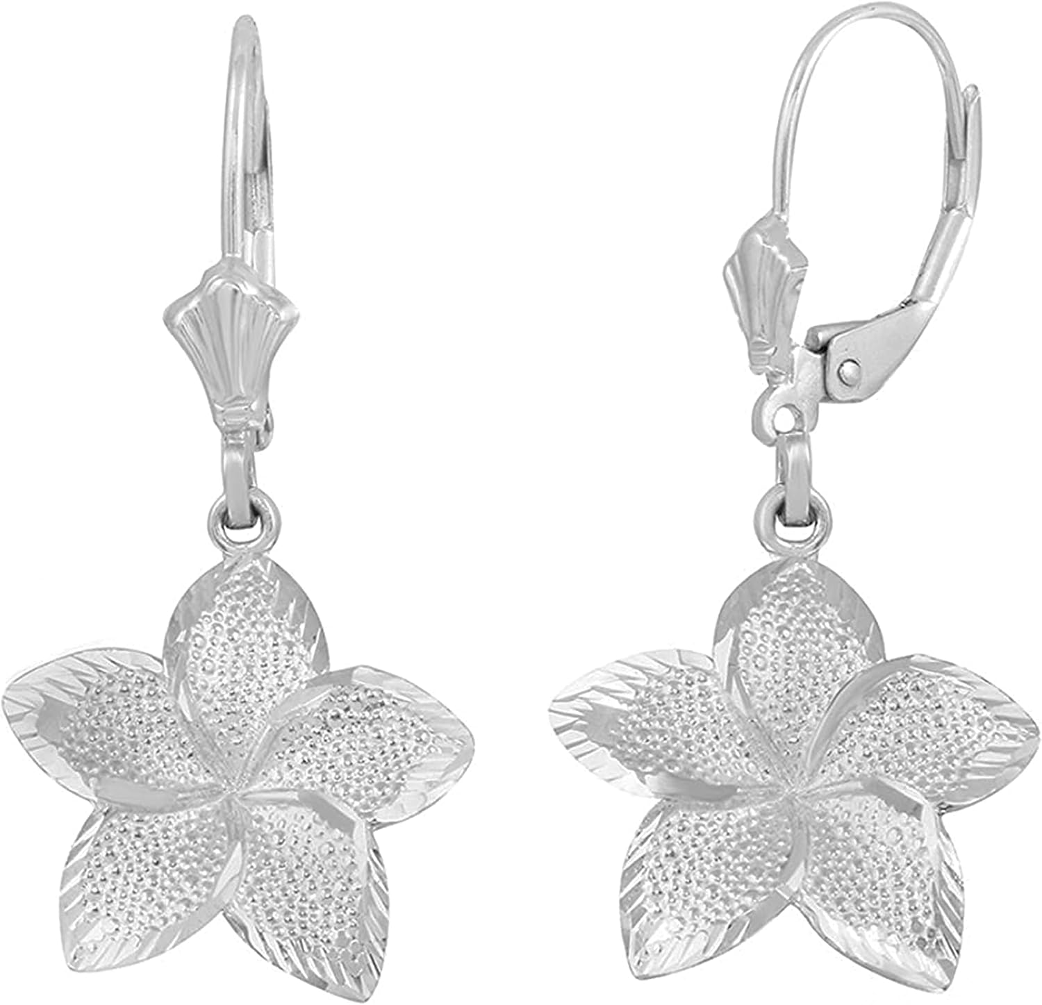 .925 Sterling Silver Textured Hawaiian Plumeria Frangipani Flower Dangle Style Leverback Earrings - Choice of Size