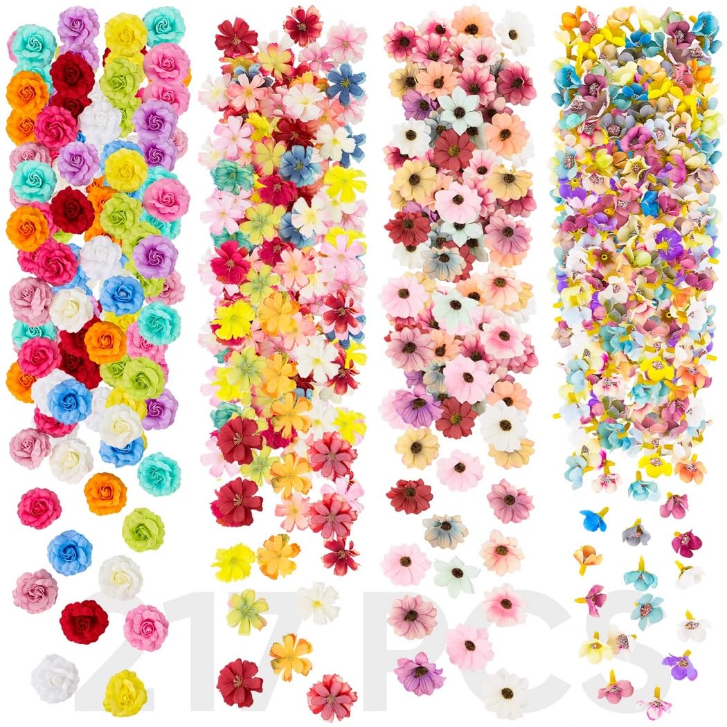 Juego de 217 piezas de flores sintéticas, mini flores artificiales de seda, margaritas de rosas falsas para manualidades, flores de rosa, flores de ciruelo, girasol, margarita, para decoración de