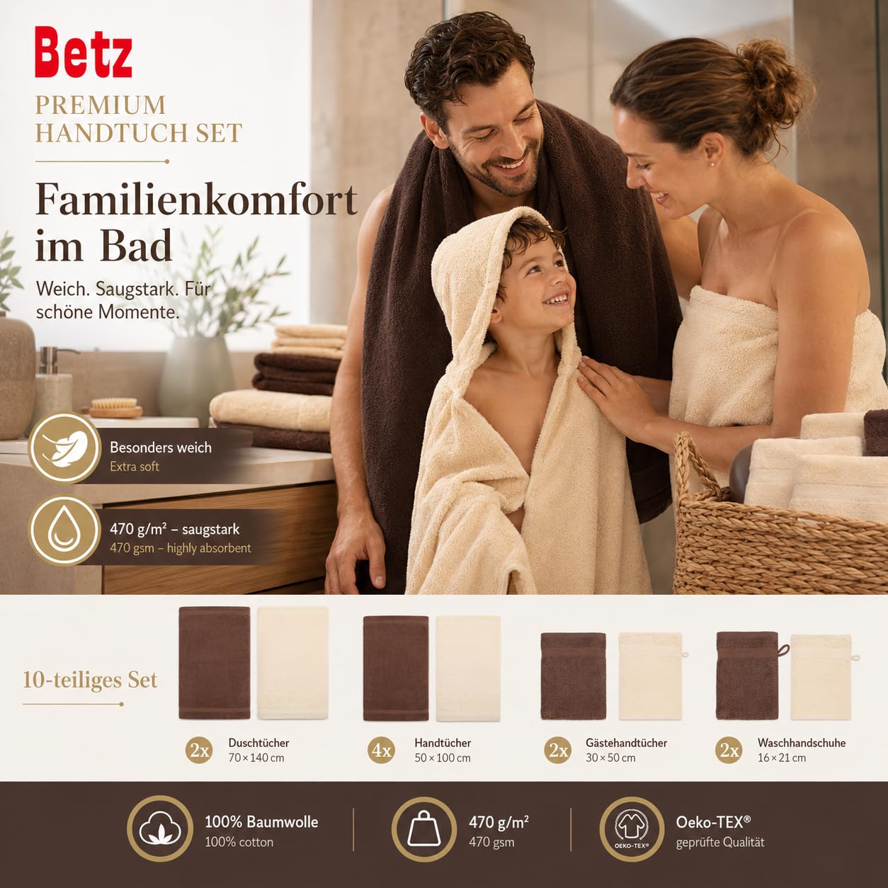 Betz Set di 10 asciugamani Premium 2 asciugamani da doccia 4 asciugamani 2 asciugamani per ospiti 2 guanti da bagno 100% cotone colore beige e marrone noce