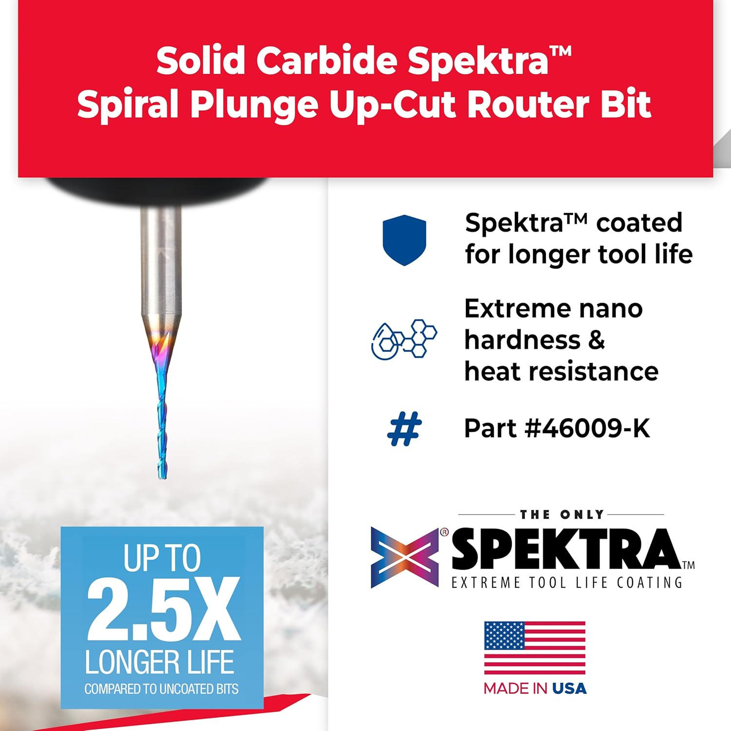 Amana Tool Spektra Extreme Tool Life Coated Solid Carbide Spiral Plunge Router Bit, 46009-K, 1/16 Dia x 1/2 CH x 1/4 Shank 2 Inch Long Up-Cut