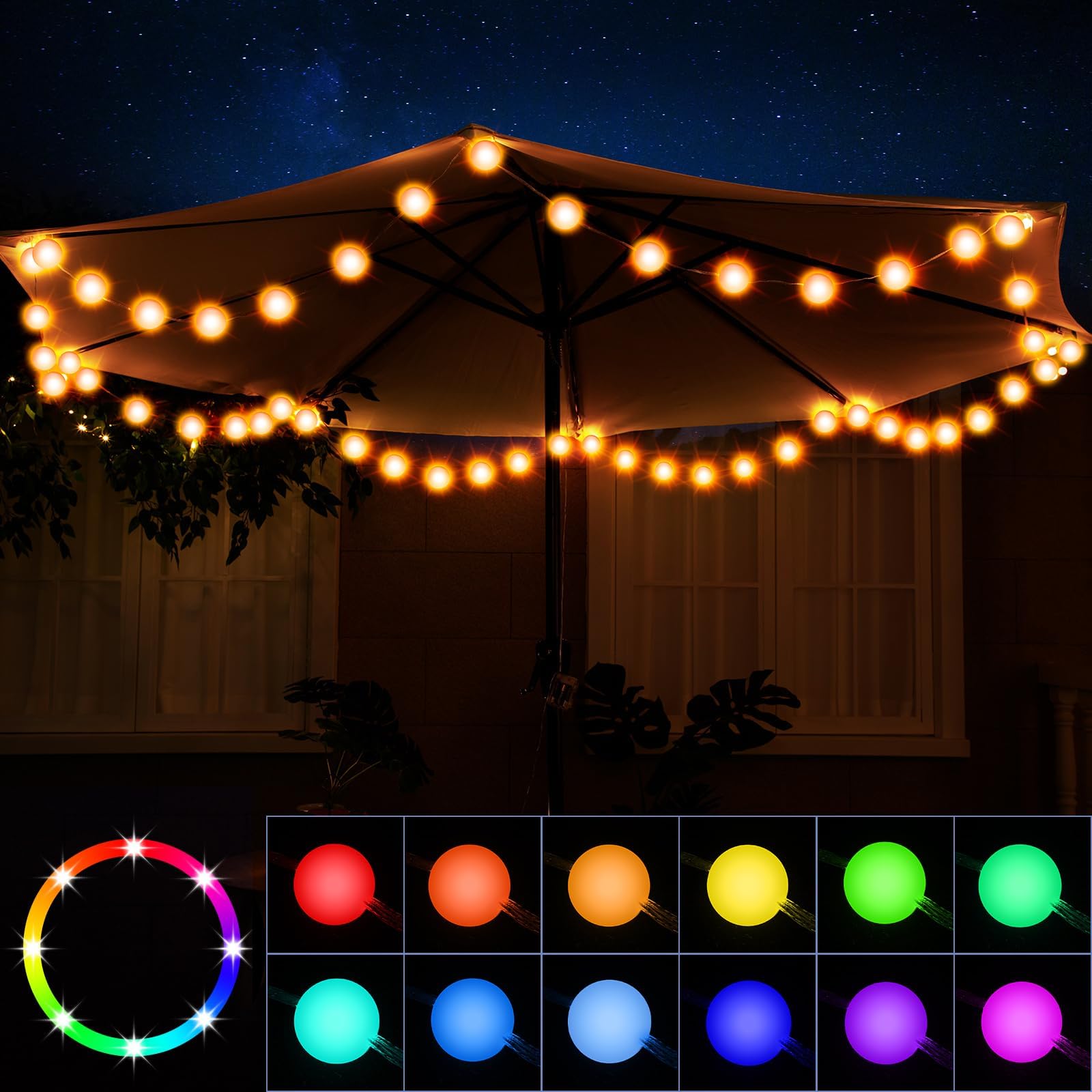 Patio Umbrella String Lights with 16 Color Changing and 12 Modes ...