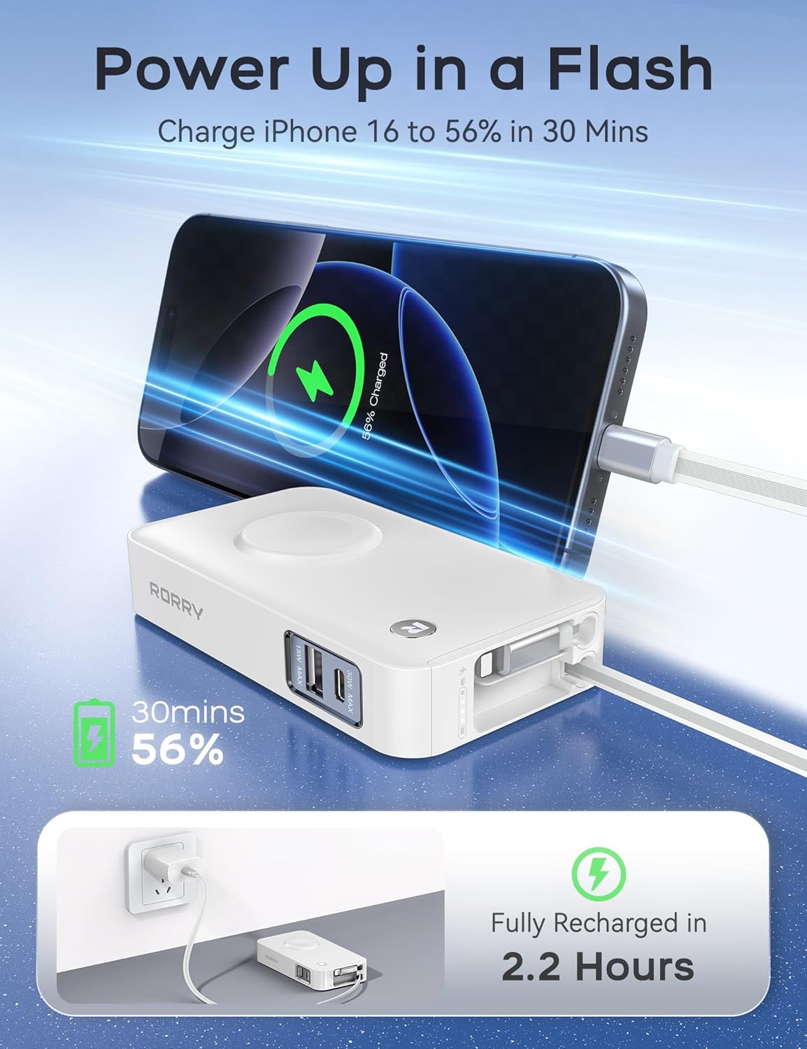 RORRY Portable Charger, 10,000mAh 30W Fast Charging Power Bank with Built-in Retractable Cables, Travel Battery Pack for iPhone 17/16/15/14/13/12, Apple Watch, iPad and More, White - Image 3