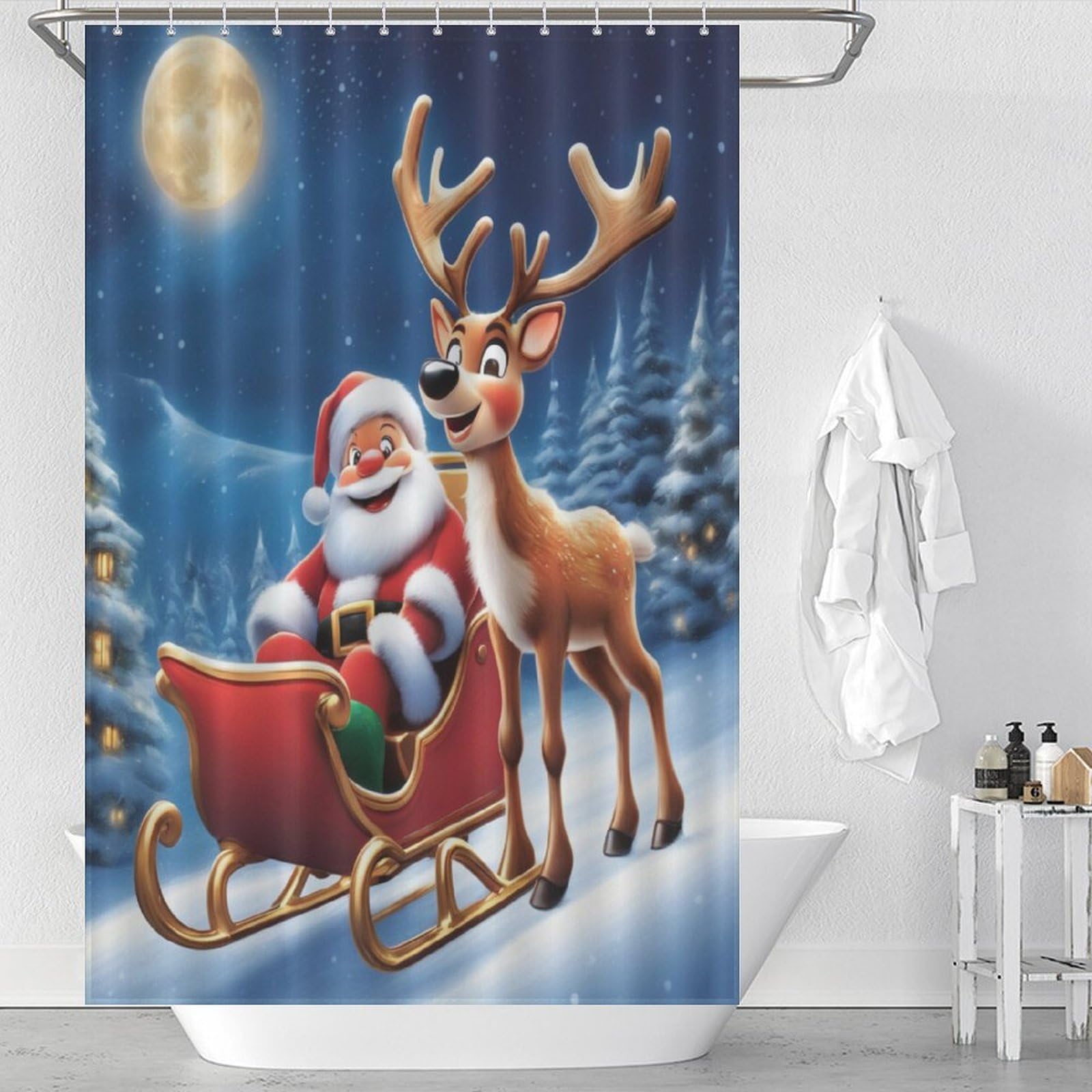 Rideau de douche Père Noël 122x183 cm en tissu polyester imperméable