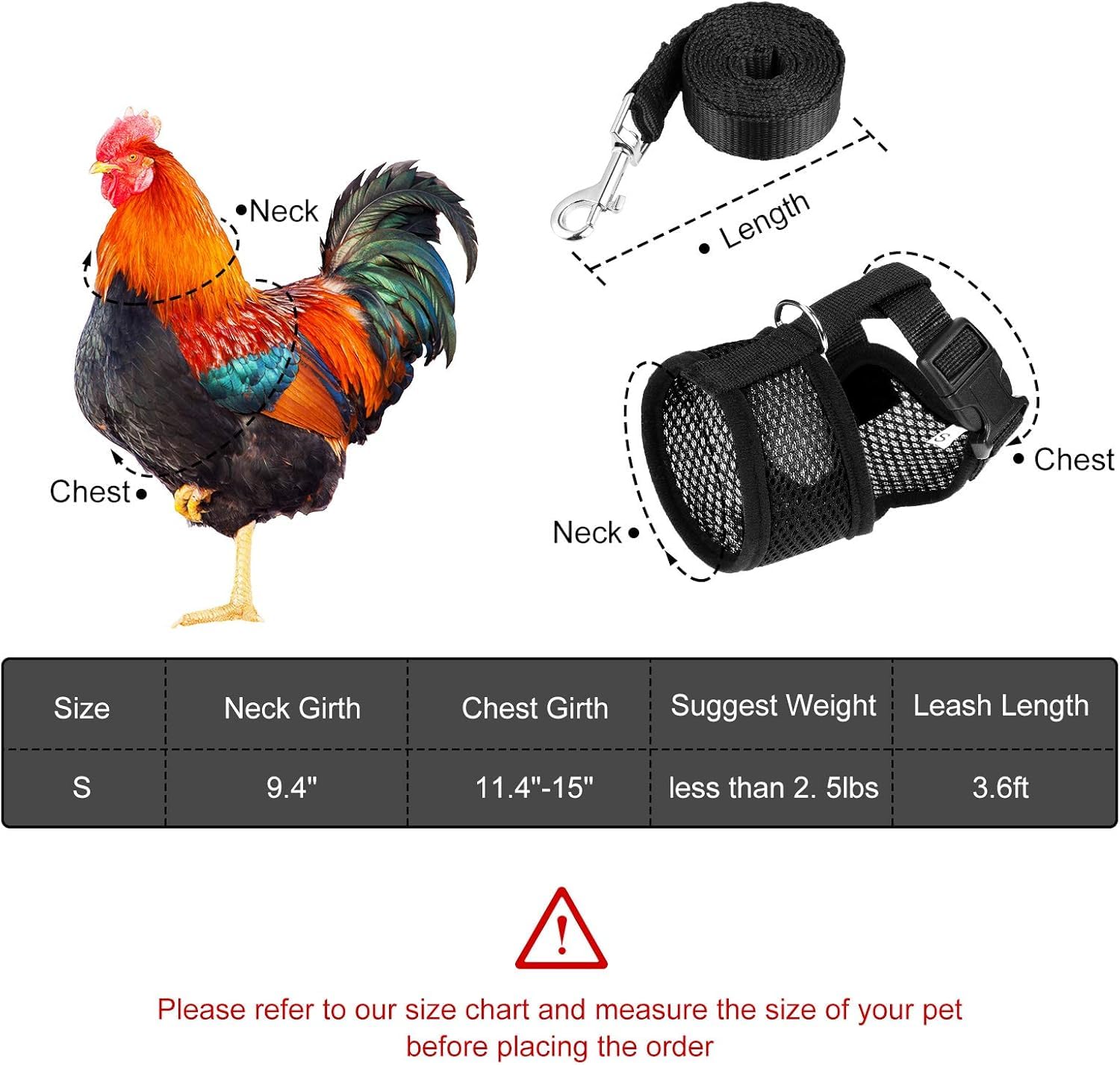 Chick Harness Leash Set 3PC Adjustable Comfortable Breathable Outdoor Walking Control Rope Vest for Hens Chicken Duck Goose Rabbit (M,3PC)