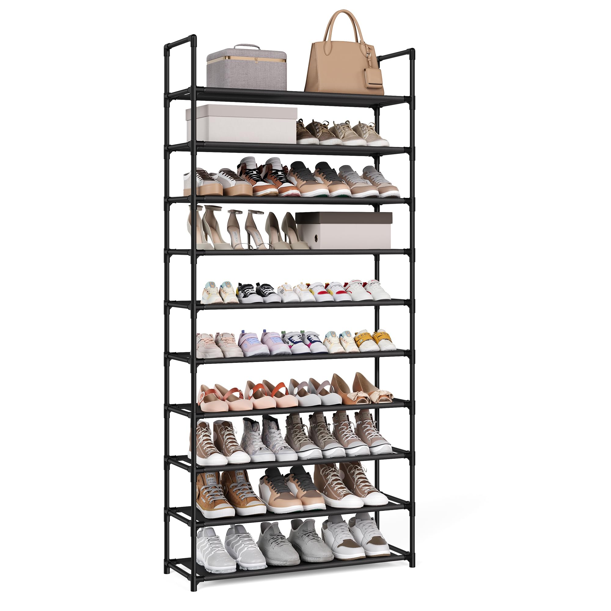 SONGMICS Shoe Rack, 10-Tier Shoe Shelf, Shoe Storage Organizer, 11 x 32.7 x 68 Inches, Metal Frame, Non-Woven Fabric Shelves, for Entryway, Bedroom, Black ULSH110BH01 11"D x 32.7"W Black