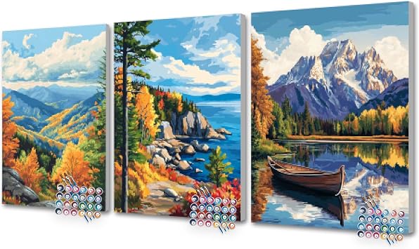Cawpom Grand Teton Paint by Number, Smoky Mountains Paint by Numbers Kit for Adults with Frame, Acadia National Park DIY Acrylic Painting, Landscape Poster Home Wall Decor12x16 Inch, 3 Pack