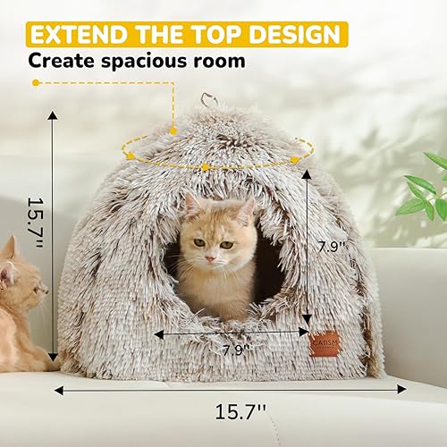 Miniatura 5 de CATISM Cama para gatos, cueva para gatos de interior, cúpula para gatos ultrasuave, autocalentable 2 en 1, casa plegable para gatos con almohada