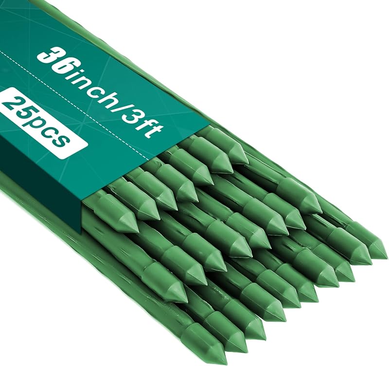 Estacas de jardín de 36 pulgadas, 3 pies, paquete de 25, soporte de palos de metal para plantas resistentes, estacas para plantas recubiertas de plástico, estacas para tomates, frijoles, árboles