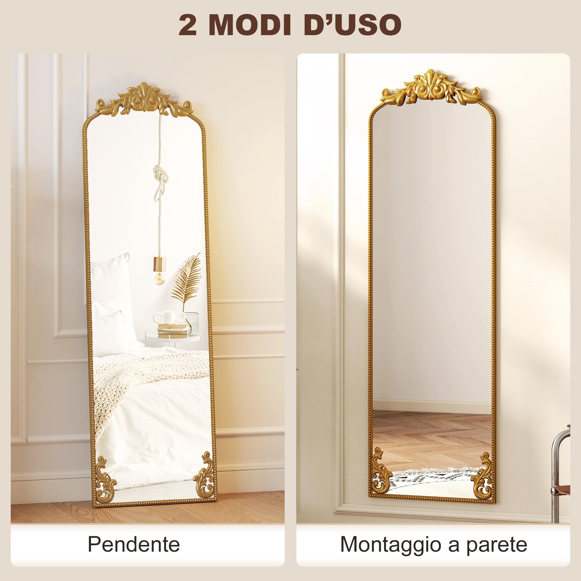 HOMCOM Specchio da Terra Stile Barocco 50x160 cm Parete Autoportante Oro | Figura Intera, Cornice in Metallo, Camera da Letto, Soggiorno, Ingresso