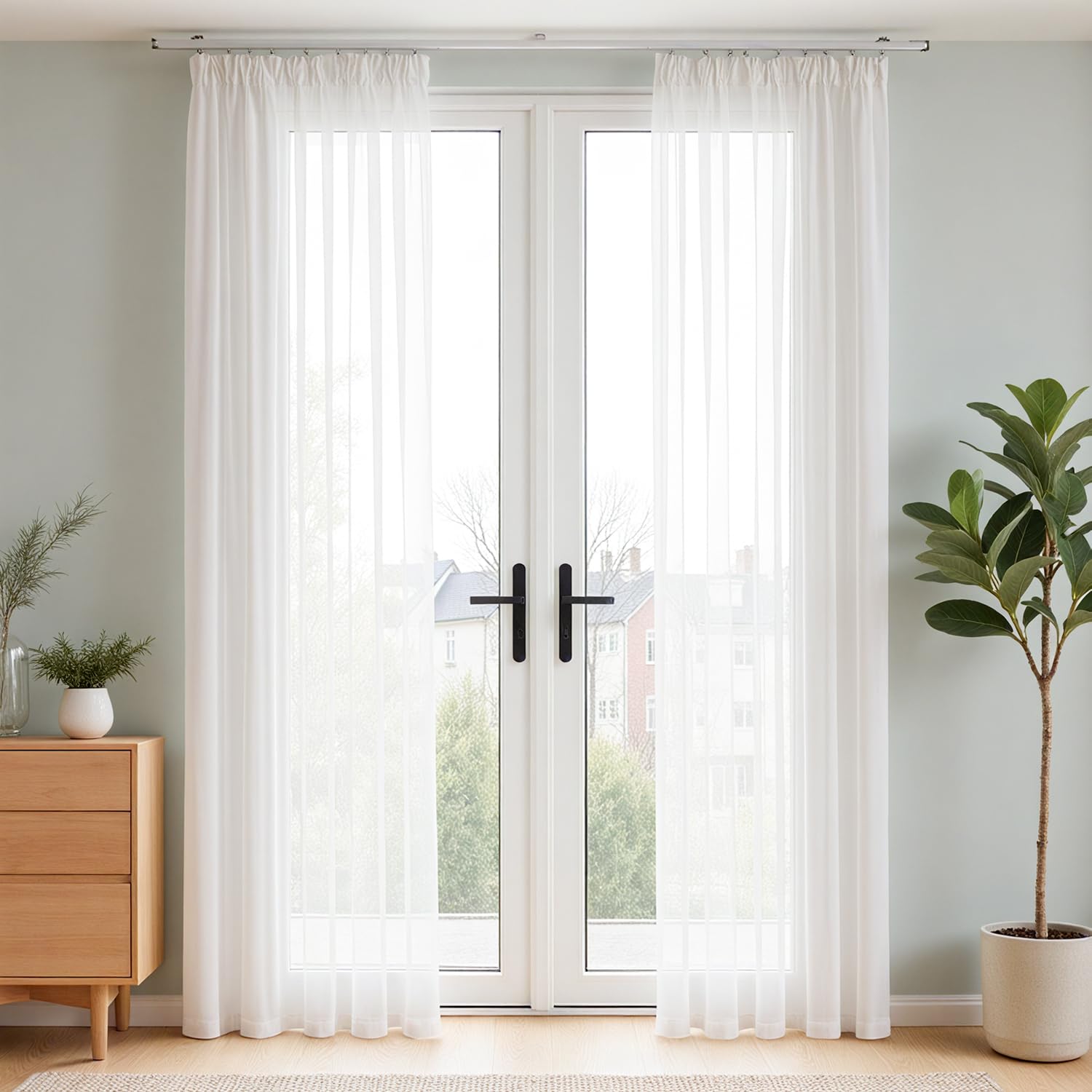 Vangao Gardinen mit kräuselband Voile Weiß Modern Vorhänge kurz 2er Set