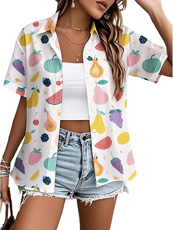 Hawaiian Tropical Fruit Print Tees for Women Casual Button Down Summer Short Sleeve Collared Beach Tops