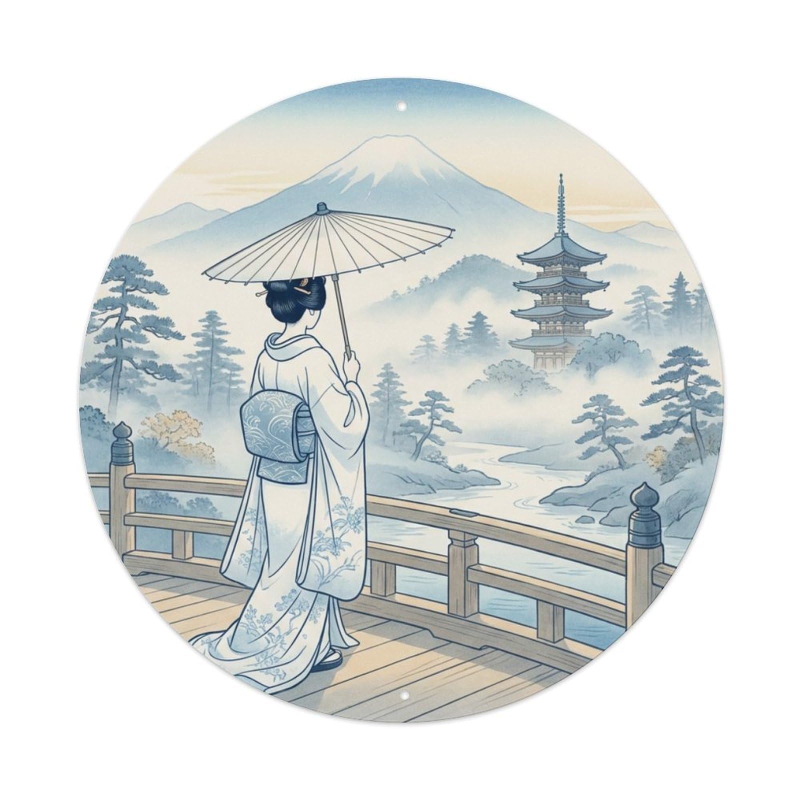 Metal Tin Sign Japanese Geisha Morning Mist Mountain Ukiyo-e