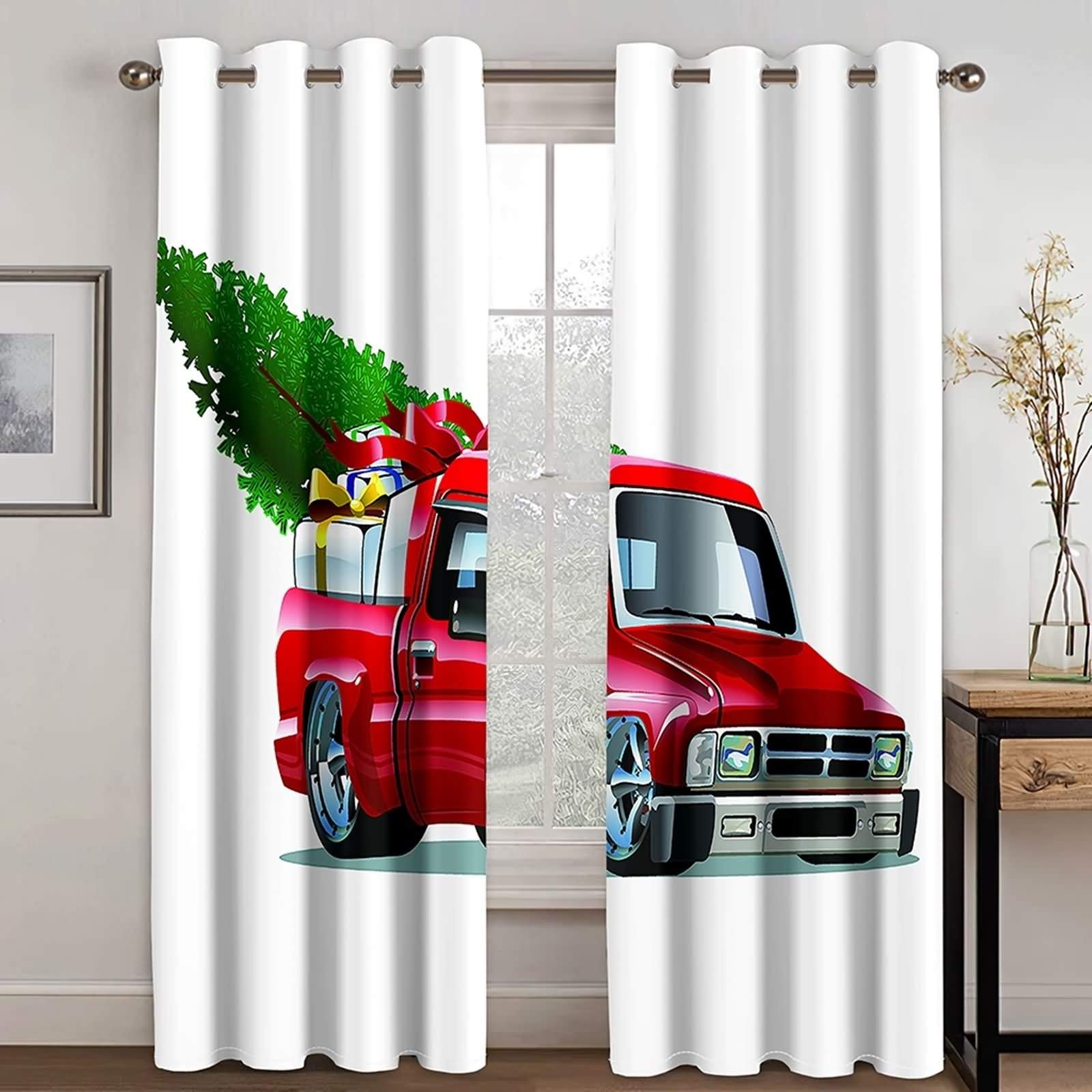 Epinki Zasłony poliestrowe białe czerwone zielone samochód choinka prezent pudełko zasłony i zasłony, dostępne w 21 rozmiarach, rozmiar 214 x 160 cm