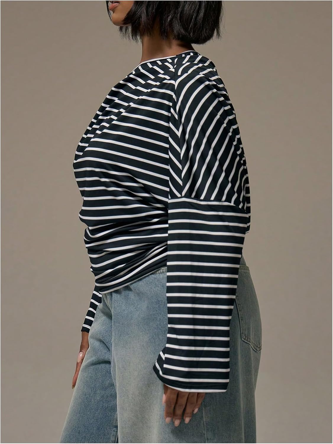 WDIRARA Women's Plus Size Striped Off The Shoulder Tops Long Sleeve Asymmetrical Tee Shirts - Image 2