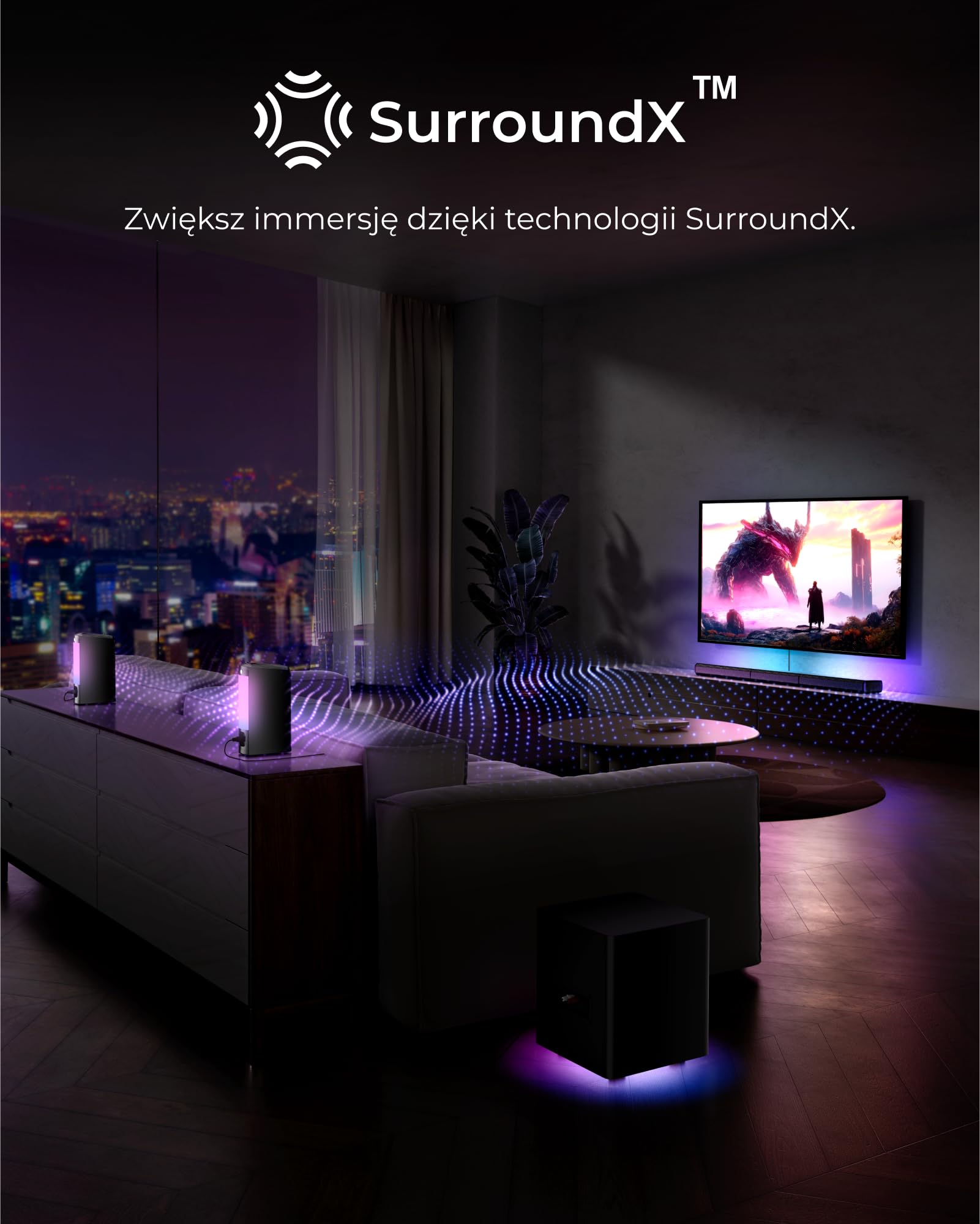 ULTIMEA 7.1ch Virtual Surround Sound Bar, soundbar do telewizorów z 2 głośnikami Surround, system dźwięku przestrzennego do telewizorów ze światłem RGB, subwooferem 6,5", aplikacją, HDMI/Opt/AUX/BT,