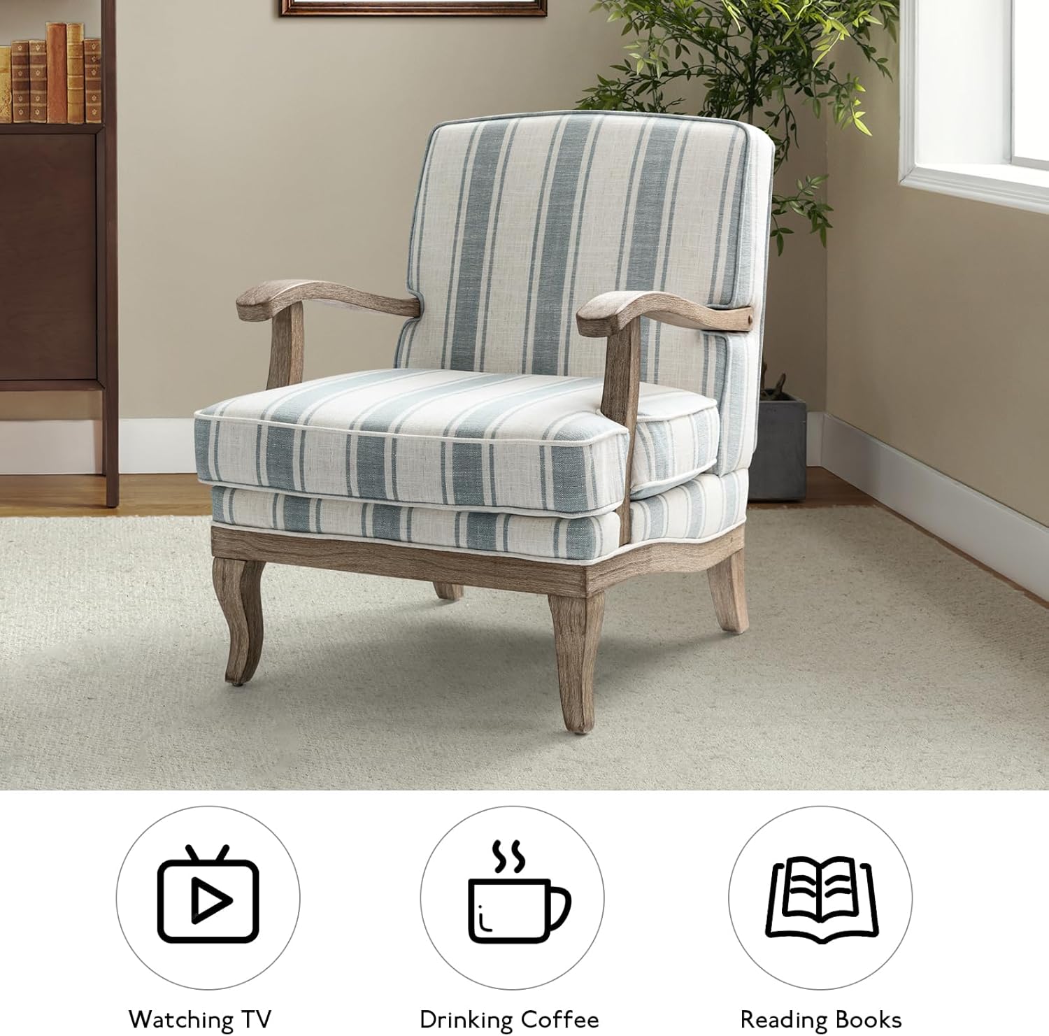 HULALA HOME Upholstered Accent Chair, Mid-Century Modern Striped Chair with Graceful Curves and Wooden Legs, Comfy Lounge Armchair Striped Accent Chairs for Living Room, Bedroom (Blue)