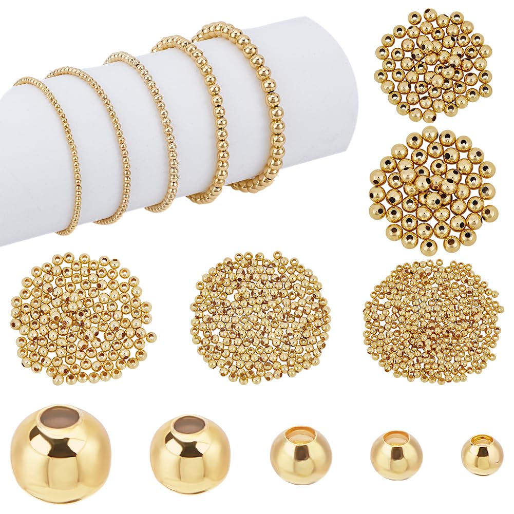 695pcs 18K Gold Spacer Beads 5 Sizes Seamless Smooth Beads 2/2.5/3/4/5mm Loose Bead Tiny Ball Bead for Summer Hawaii Layered Necklace Bracelet Jewelry Making