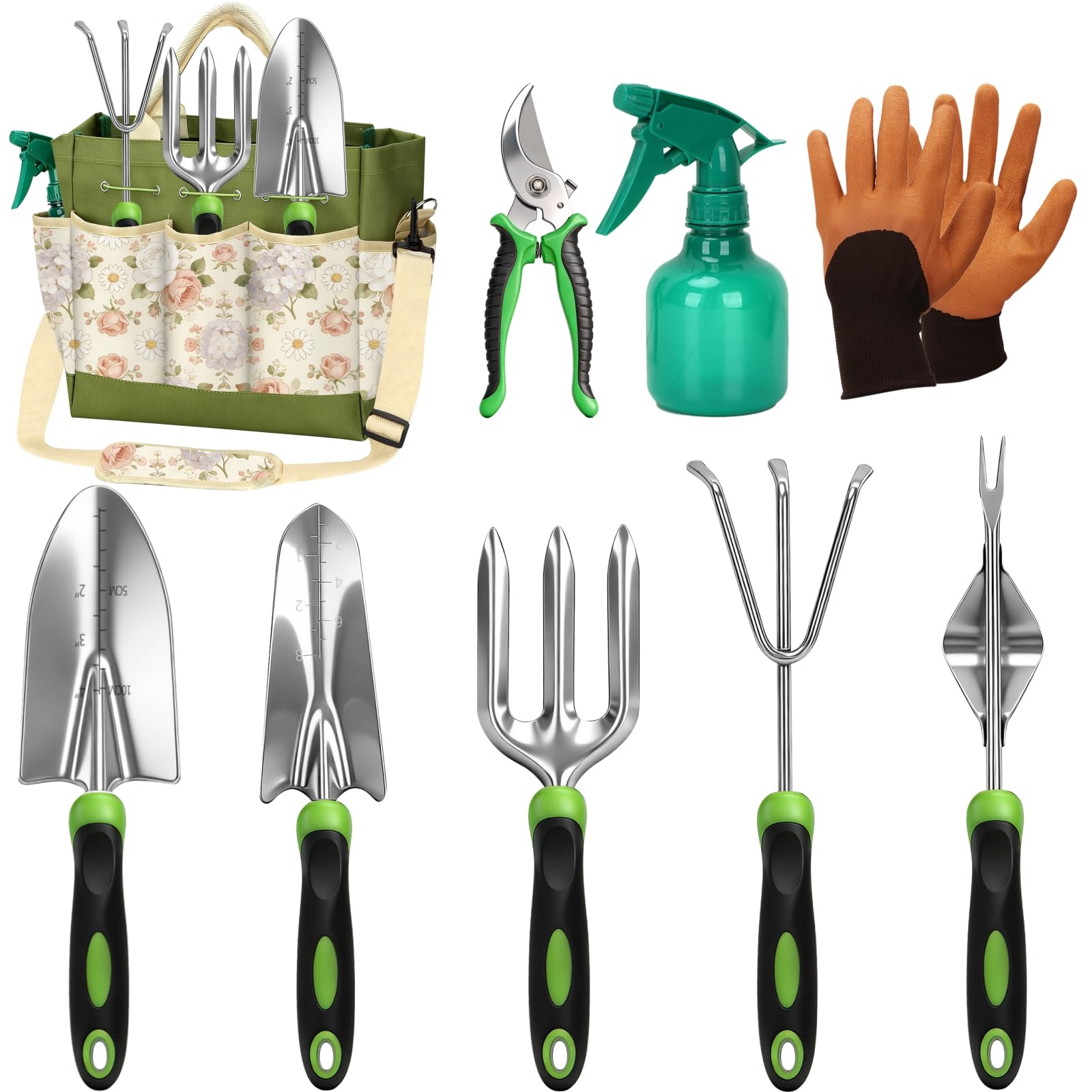 Garden Tool Set with Floral Bag,9-Piece Stainless Steel Gardening Hand Tool with Rubber Non-Slip Handle,Yard Tools Gifts for Women & Seniors,for Planting, Weeding & Seedling Transplanting