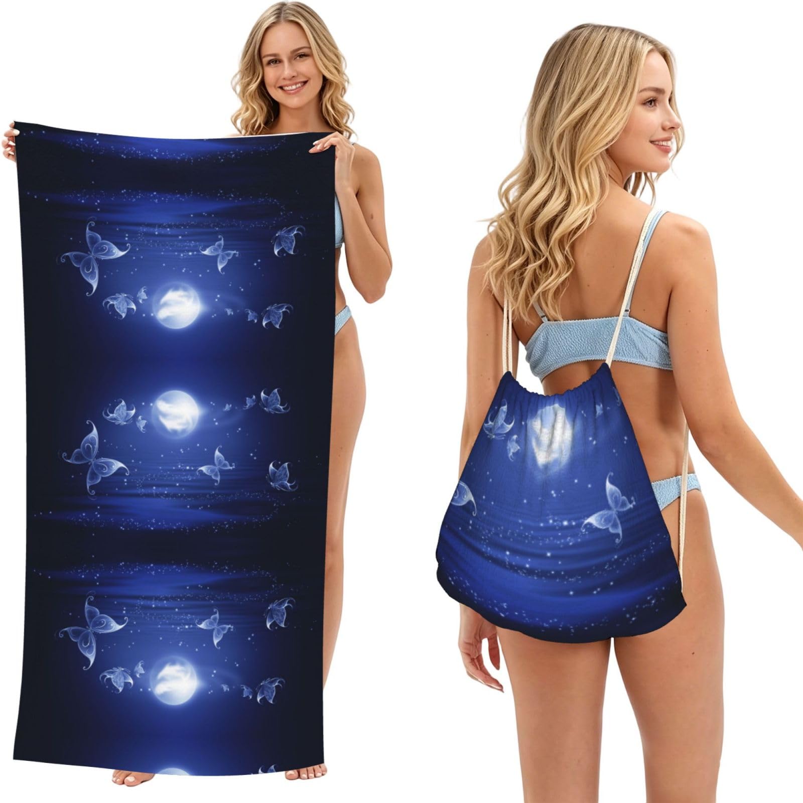ESNAIUVCD Butterfly And Moon Print Beach Towel For Adults,Towel With Drawstring Bag, Travel Pool Swimming Sports Shower Sand Free Quick Dry Bath Towel For Pool, Beach, Yoga- 180x60cm
