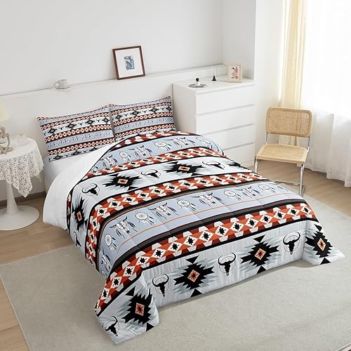 Miniatura 4 de Erosebridal Juego de ropa de cama azteca, tamaño King, diseño del suroeste, relleno de edredón exótico de calavera de toro para niños y niños,