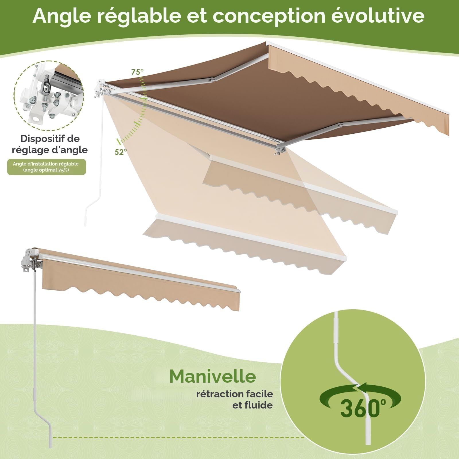 Auvent Manuel Rétractable pour Bras Articulés, 300 x 250 cm, Store Articulé, avec Support Mural, Manivelle, Imperméable, AluminiumPolyester, pour Extérieur, Terrasse, Balcon, Kaki
