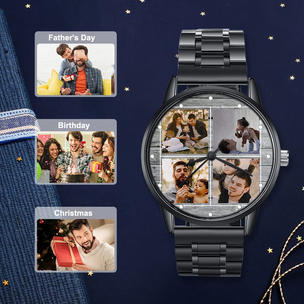 lorajewel Orologio da uomo Personalizzato Nome Data Foto,Chronografo sportivo al quarzo Moda Affare Impermeabile Orologi da polso Acciaio inossidabile Nero per il giorno del papà