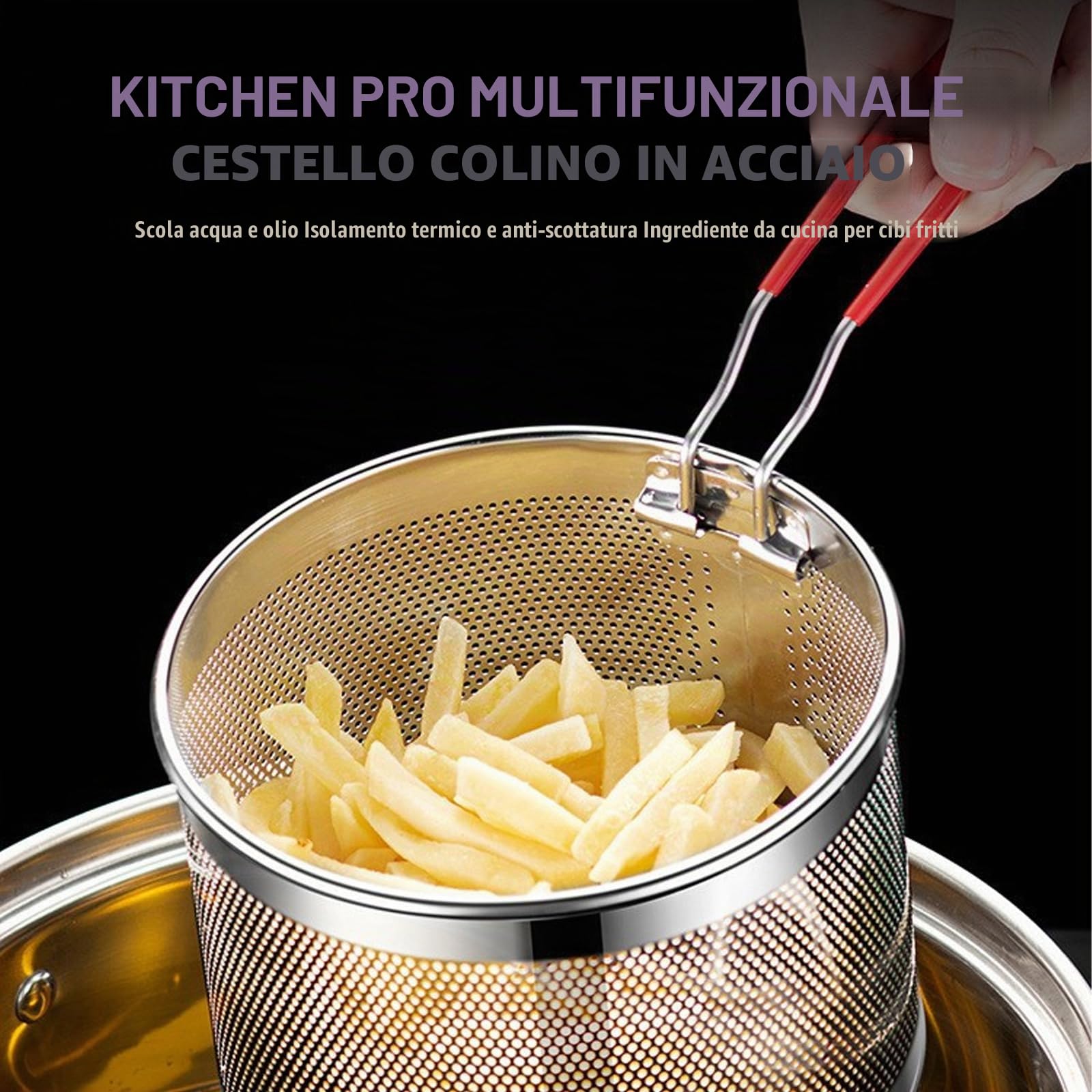 Cestino per patatine, 3 pezzi, in acciaio inox, per alimenti, per la pasta, con manico rimovibile, colino da cucina, colino da cucina per il lavaggio, sgocciolare, friggere, cottura a vapore