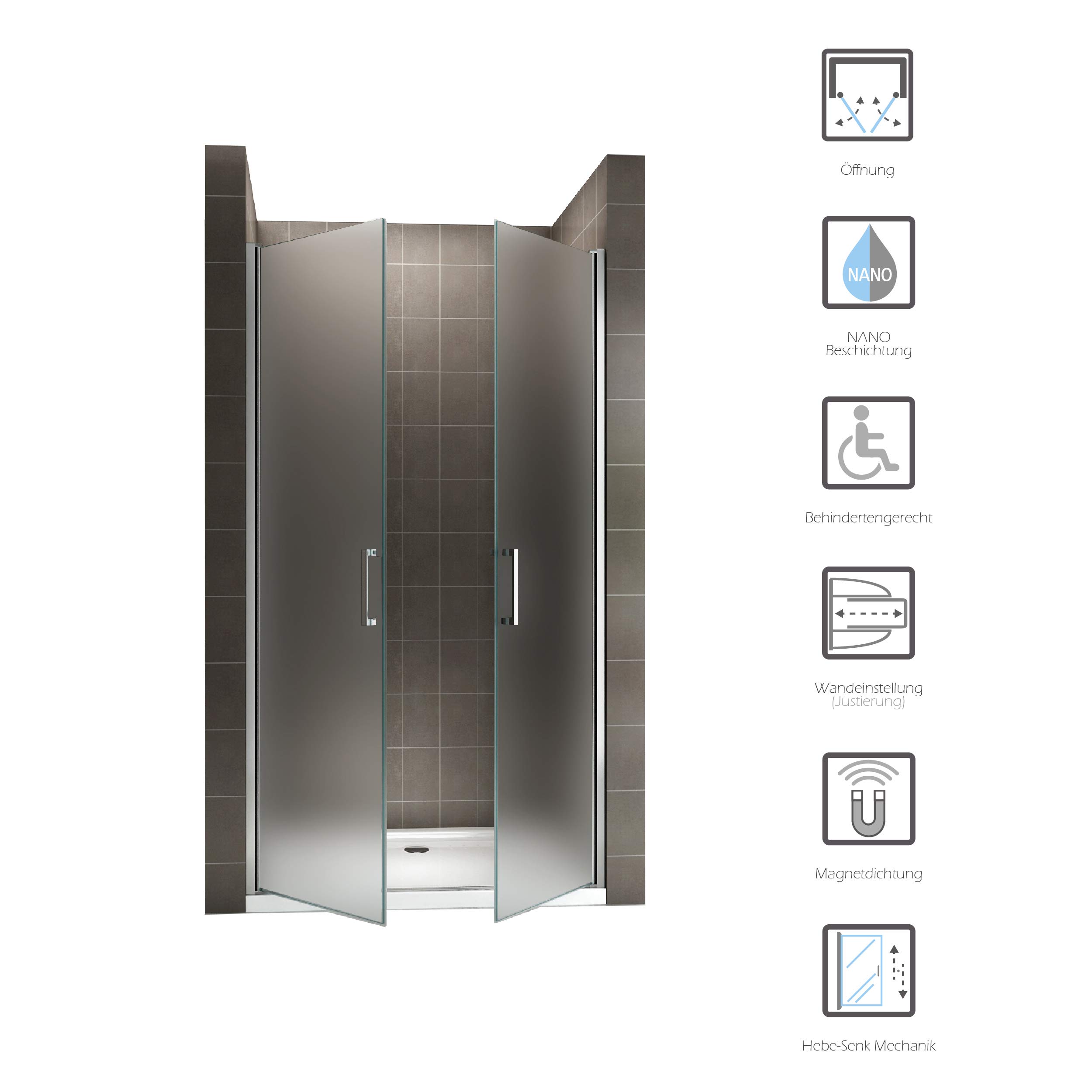 i-flair Duschtür LARA 89x195 cm Verstellbereich von 89-92 cm, Höhe: 195 cm, Duschabtrennung aus 6 mm satiniertem ESG Sicherheitsglas mit Nanobeschichtung und Edelstahlgriffen – NF