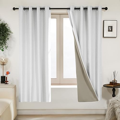 Deconovo Cortinas 100% opacas, cortinas de sala de estar, cortinas opacas para dormitorio, 2 paneles, blanco grisáceo jacquard, 52 x 74 pulgadas