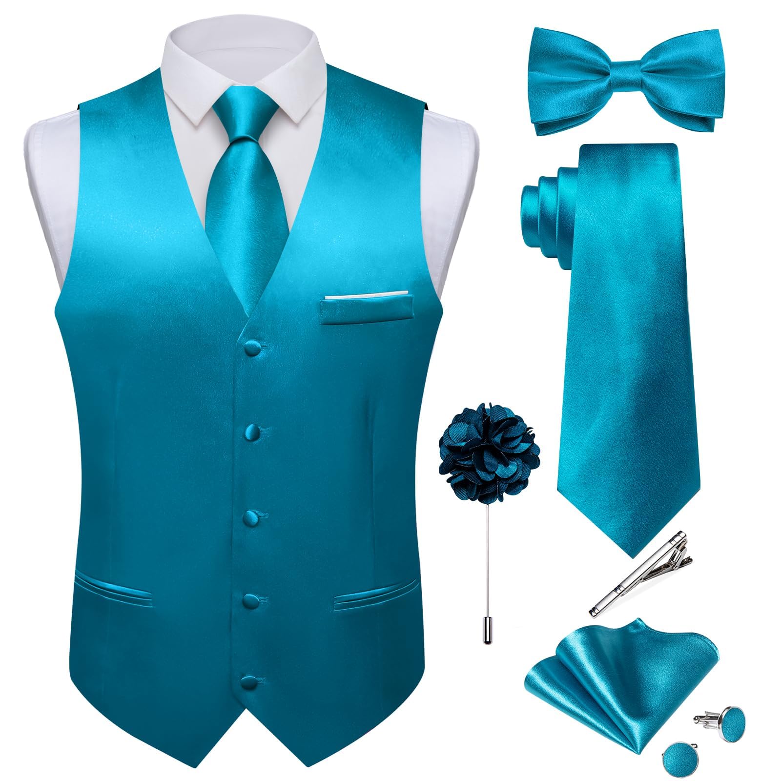 DiBanGu Mens Satin Suit Vest and Tie Set 8PCS Solid Waistcoat and Bowtie with Lapel Pin for Tuxedo Dress Vest Wedding Formal