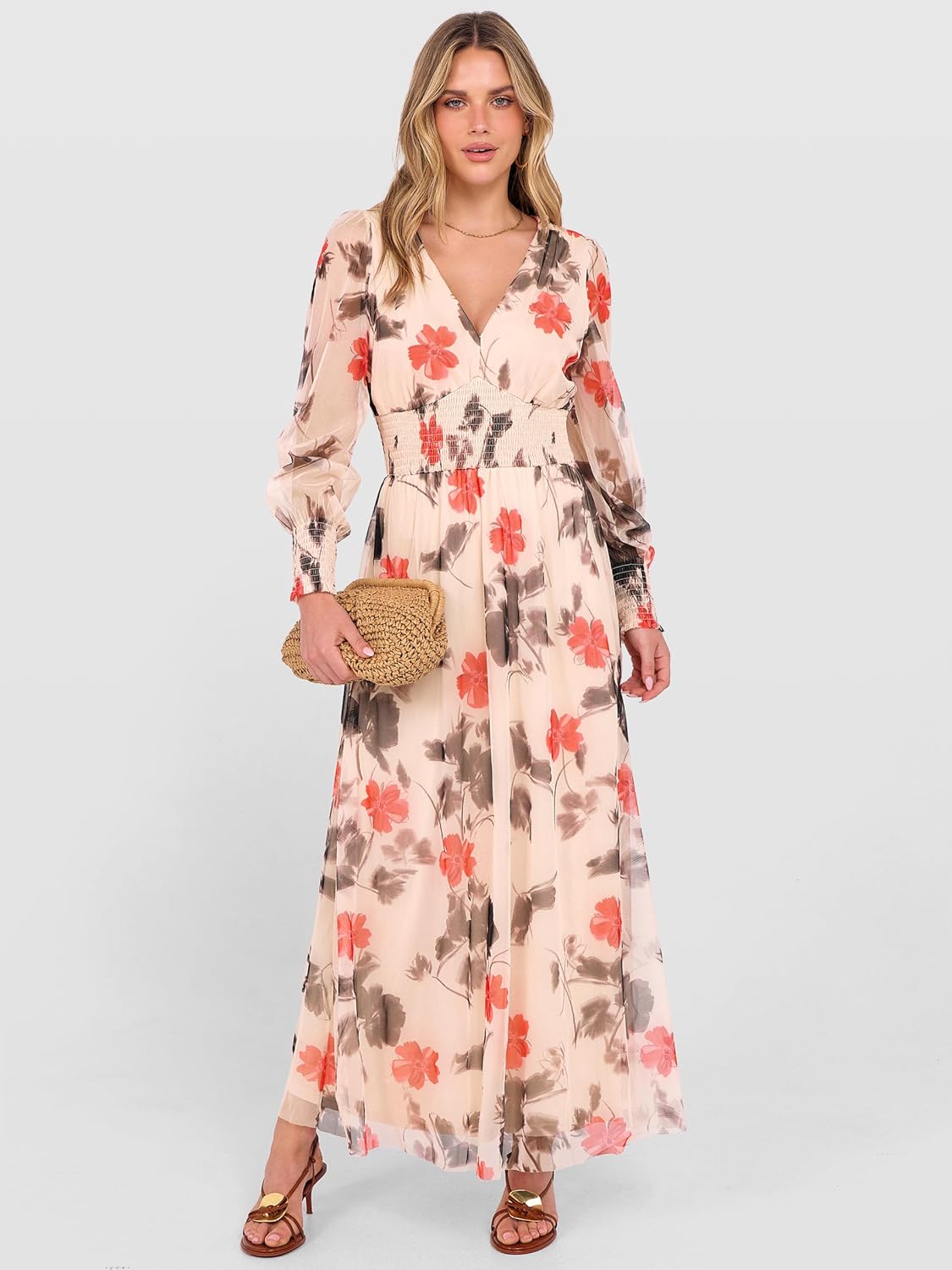 ANRABESS Women's Floral Maxi Dress 2025 Fall V Neck Puff Long Sleeve Flowy Casual Wedding Guest Tea Party Tulle Dresses - Image 2