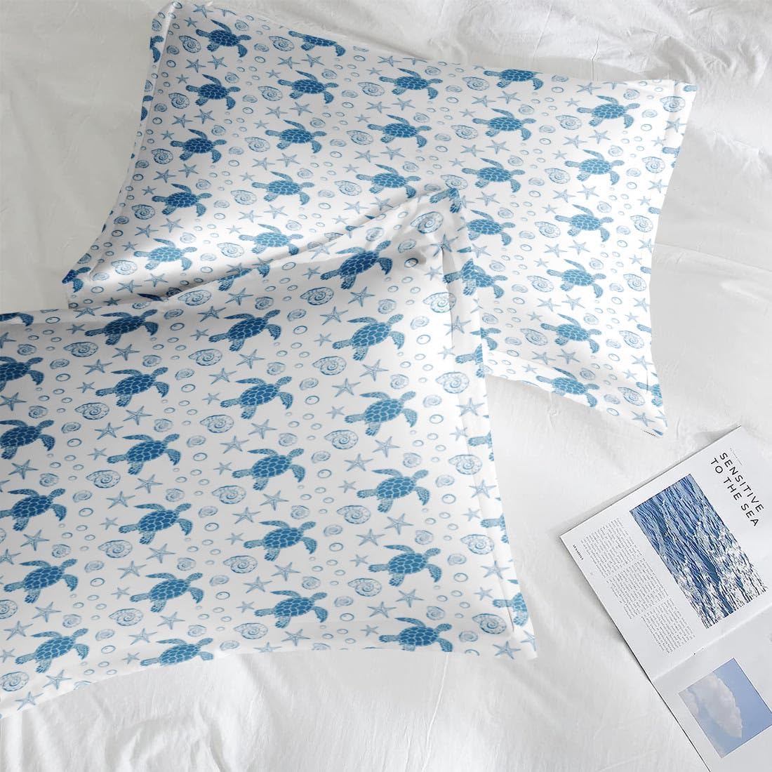 Pamnest Twin Size Bed Sheet Sets, Sea Turtle Ocean Soft Microfiber 3 Pcs Bedding Sets for Kids and Adults Bedroom Bed Decor, Animal Starfish Beach Flat, Fitted Sheet and Pillowcases