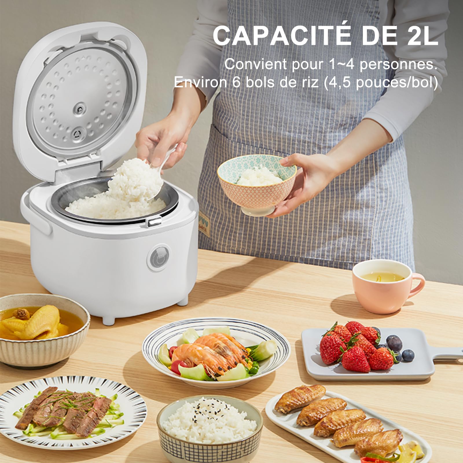 Bear Cuiseur de riz 4 tasses (non cuit) avec Cuiseur Vapeur, Multifonctionnel 350W Electric Mini Rice Cooker,6 Fonctions de Cuisson du riz pour 2-4 personnes,Blanc