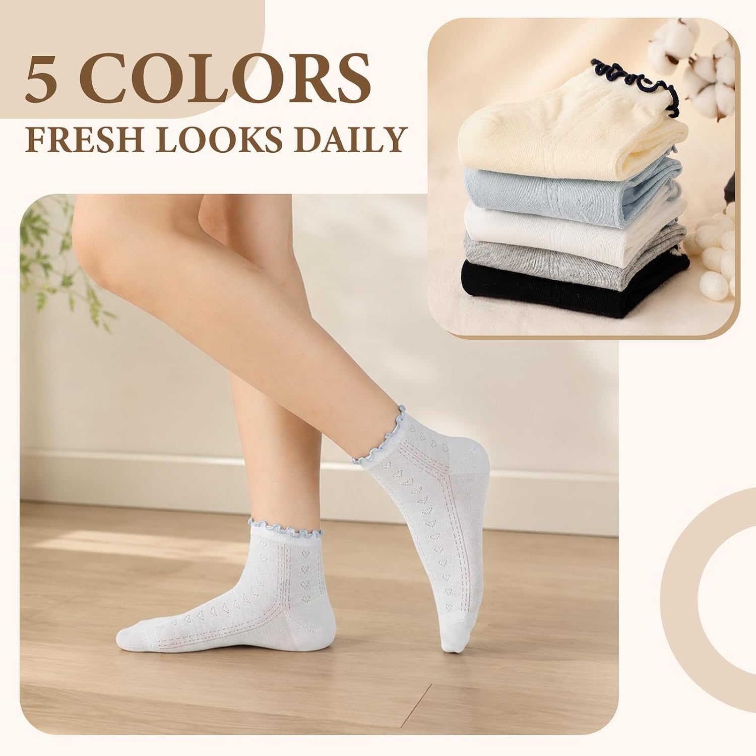 5 Pairs Women Ruffle Crew Socks, Summer Lace Cotton Ankle Socks Thin Cool Frilly Casual Sock for Women Girls