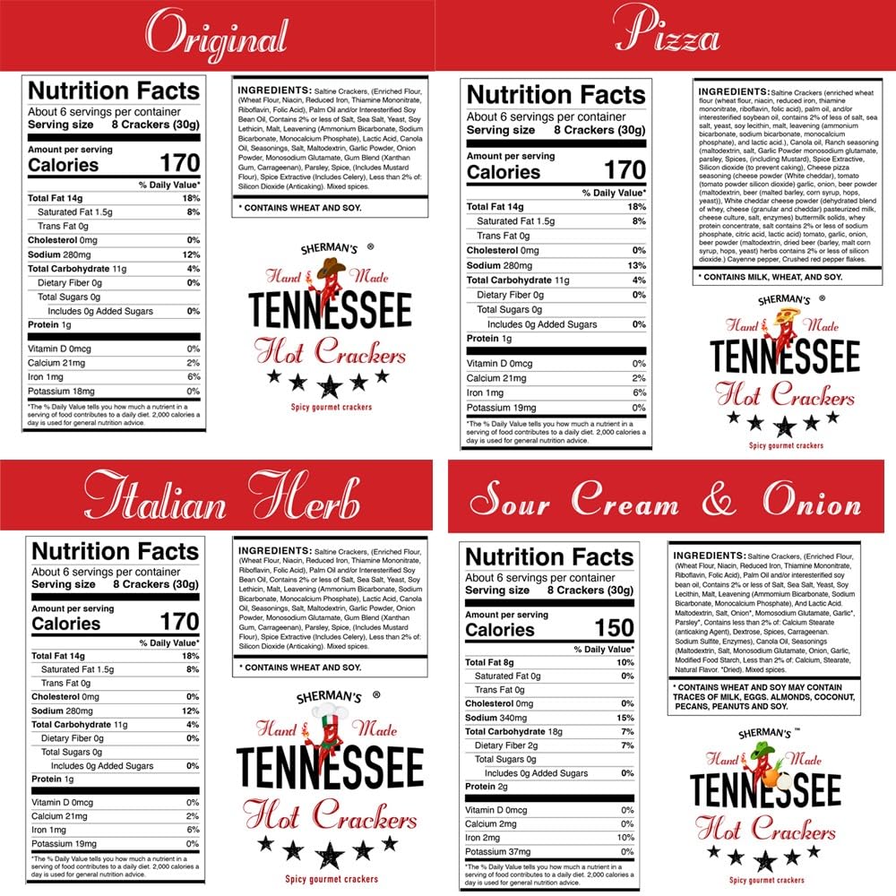 Sherman's Tennessee Hot Crackers, Spicy Snack Cracker Variety Pack, (4 Pack, 4 flavors - Original, Pizza, Italian Herb, and Sour Cream & Onion)