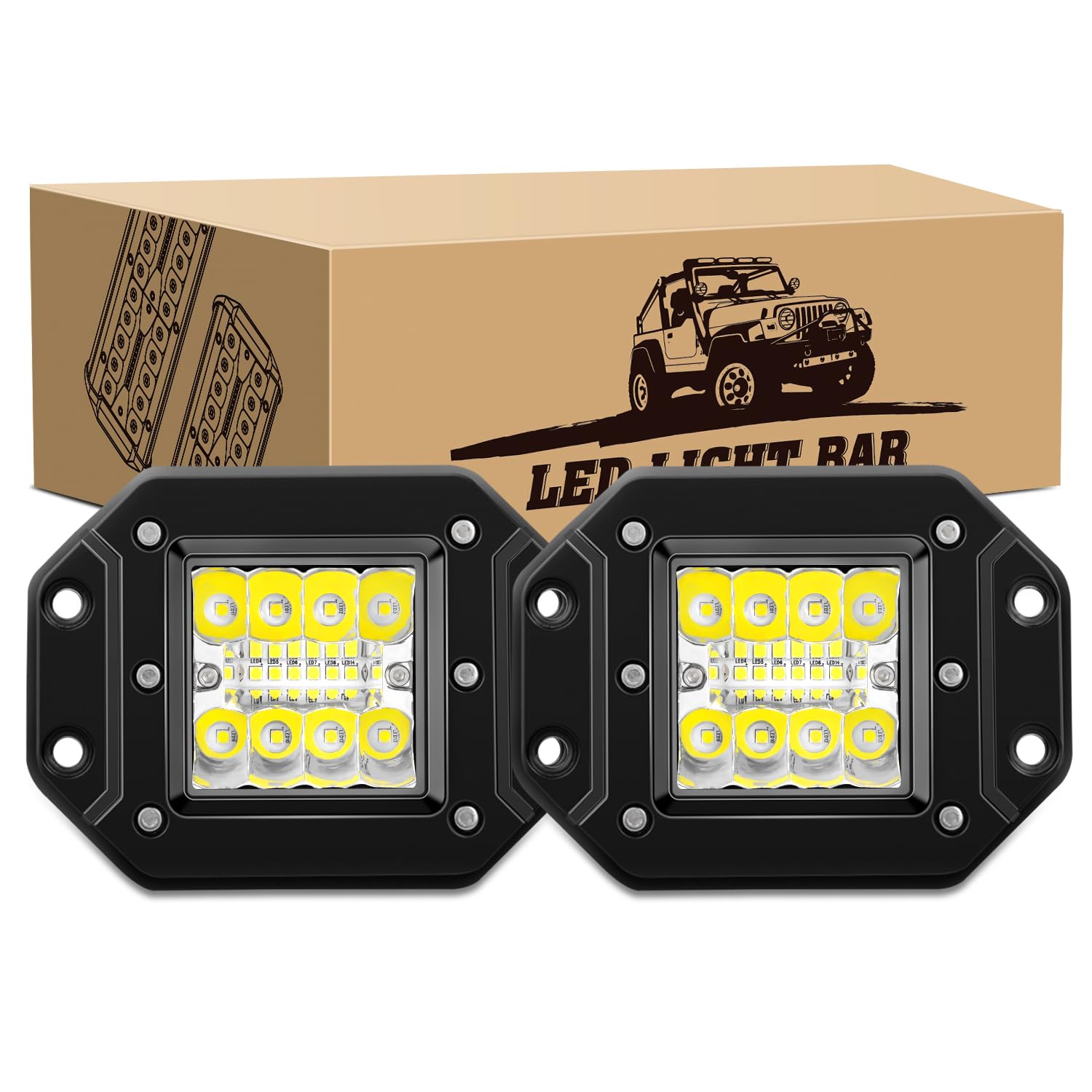 LED Light Bar 2PCS 42W LED Off Road Light Pods,KINGOPT High Brightness LED Spot Flood Combo Beam Flush Mount Fog Lamps Driving Boats Work Lights for Truck Car Golf Cart SUV Motor Jeep Garden Harvester