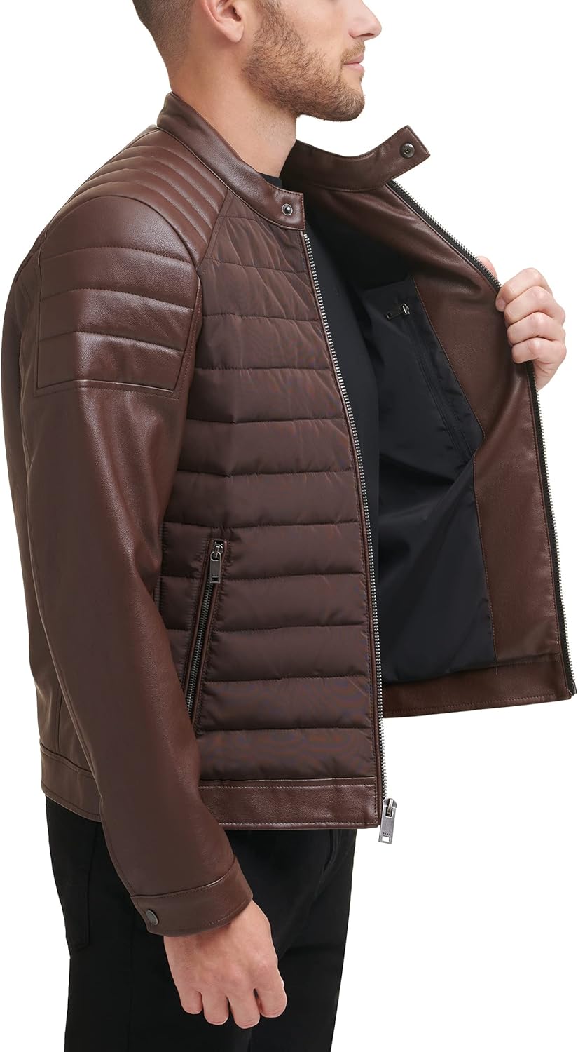 DKNY mens Mixed Media Faux Leather Puffer Motocross Racer Jacket - Image 7