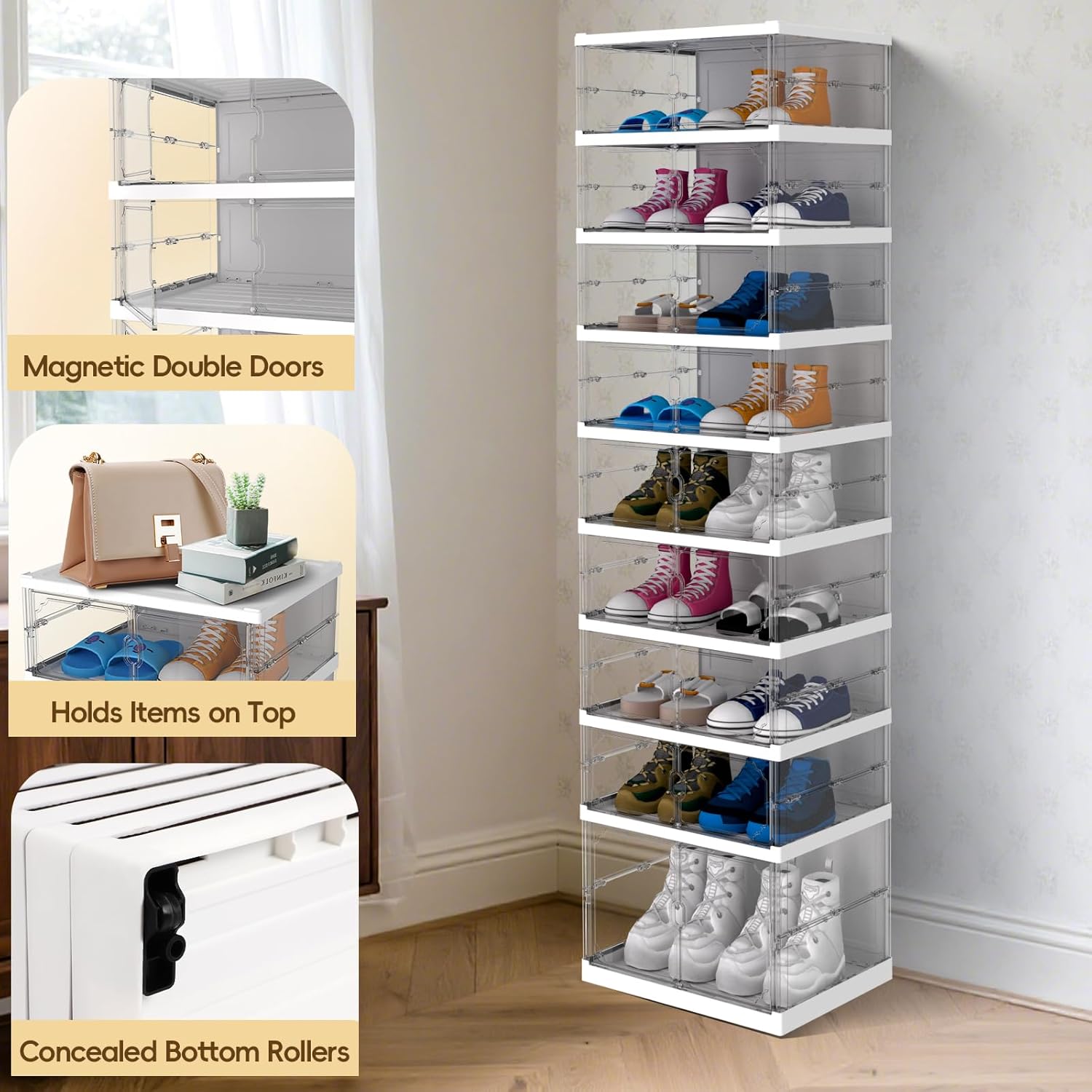 FAHKNS Foldable Shoe Rack 9 Tiers 18 Pairs Portable Plastic Shoes Rack with Magnetic Clear Door, Collapsible Shoes Storage Box for Entryway Living Room and Bedroom, White