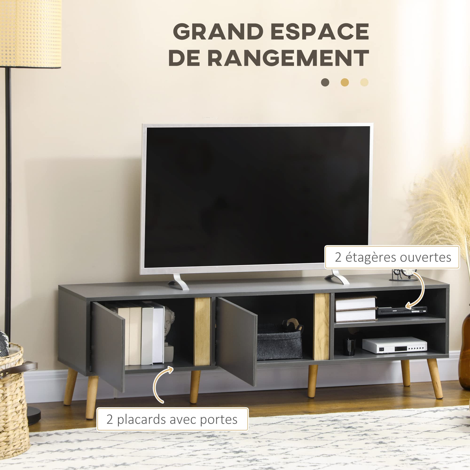 HOMCOM Meuble TV Design Scandinave 55 Pouces 150 x 35 x 45 cm Gris Foncé