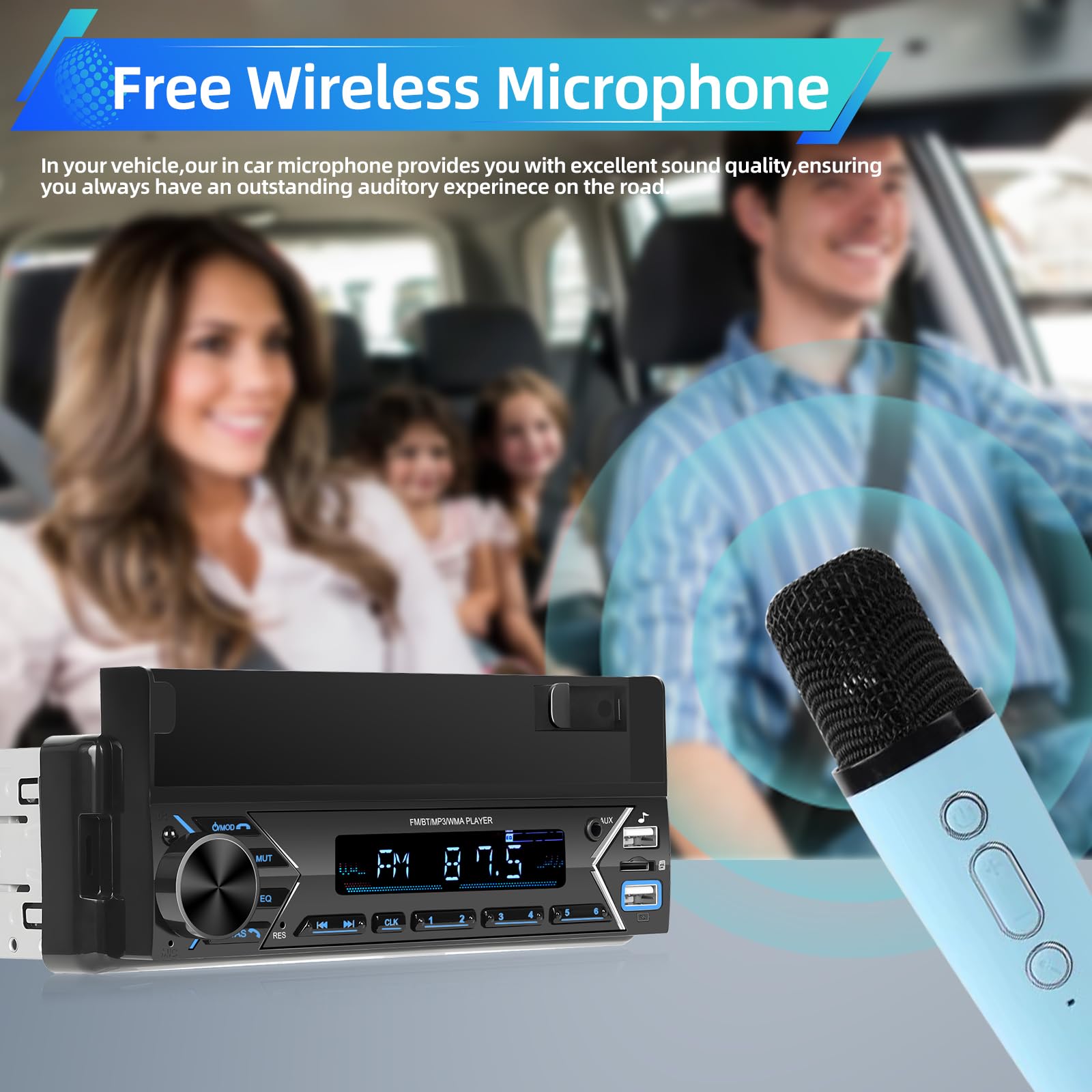 NHOPEEW Autoradio 1 Din con Bluetooth - Lettore MP3 Supporto per telefono - Doppia porta USB/TF Card/Radio FM/Ingresso AUX/Comando al volante/Pulsanti luminosi + microfono wireless