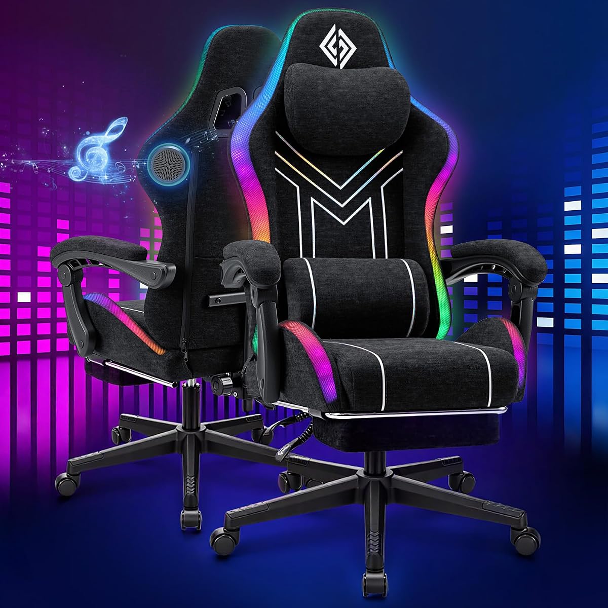 RGB Gaming Chair with Music Rhythm LED Lights and Bluetooth Speakers-Black | Fabric Ergonomic Game Chair 155° Reclining Computer Chair with Footrest Video Game Chairs for Adults Gaming & Office