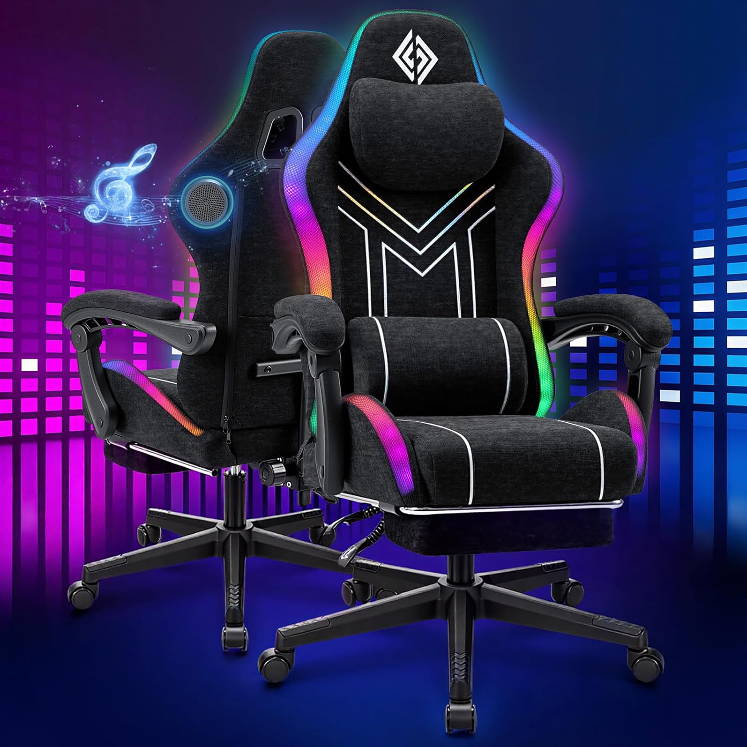 HOFFREE RGB Gaming Chair with Music Rhythm LED Lights and Bluetooth Speakers Fabric Ergonomic Game Chair 155° Reclining Computer Chair with Footrest Video Game Chairs for Adults Gaming & Office Black