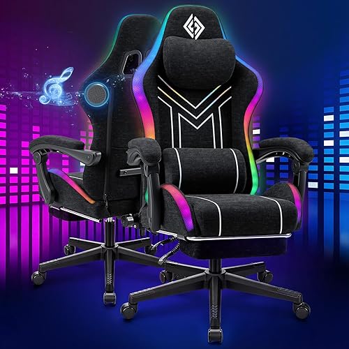 HOFFREE RGB Gaming Chair with Music Rhythm LED Lights and Bluetooth Speakers Fabric Ergonomic Game Chair 155° Reclining Computer Chair with Footrest Video Game Chairs for Adults Gaming & Office Black